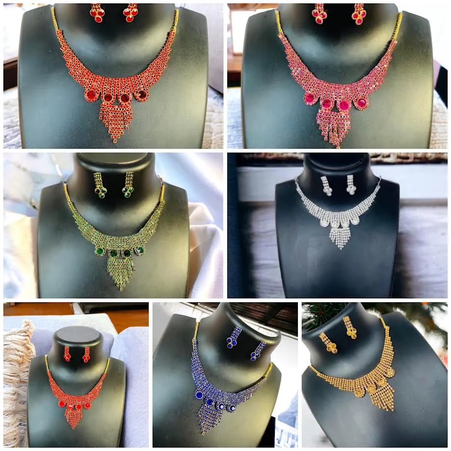 Gold, Silver, Blue, Red, Maroon, Green, Magenta beautiful necklace with fixed white and gold stone for women and girl