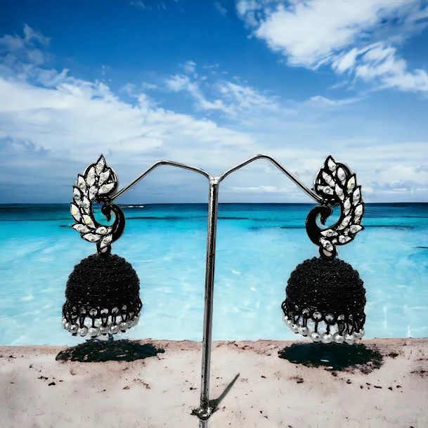 Black color Traditional Ethnic jimikki earrings Casual peacock stud Earring with white pearl and multi stone for girl and women
