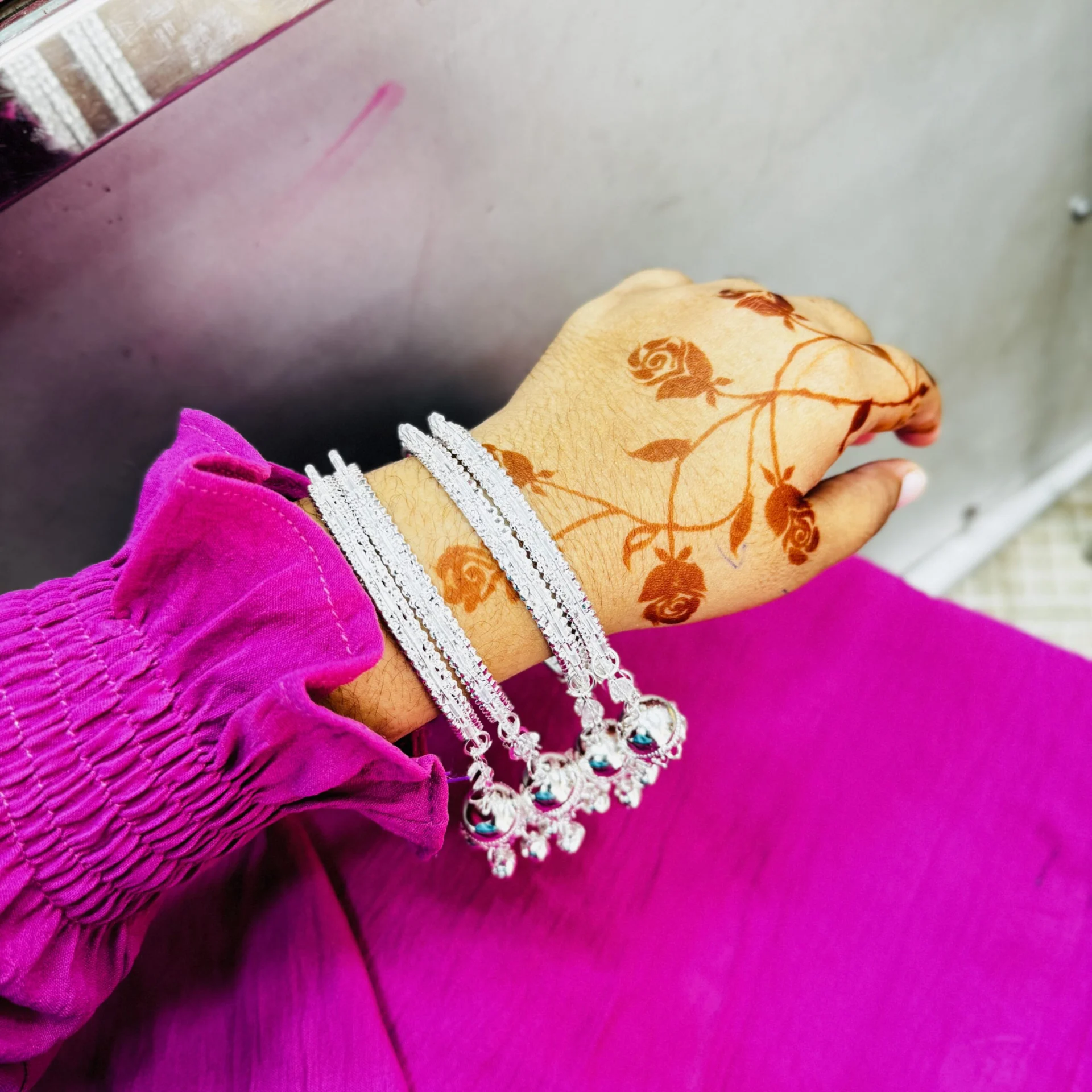 Silver color four pcs Rhinestone Crystal Wedding Jhumka Tassel Bracelet Bangle Set for women and girl