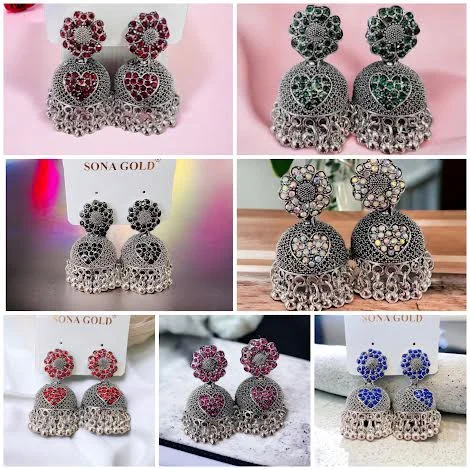 Silver color flower theme jimmiky drop earring with black, pink, green, multi, blue, red color stone earring for women and girl gift items for girls