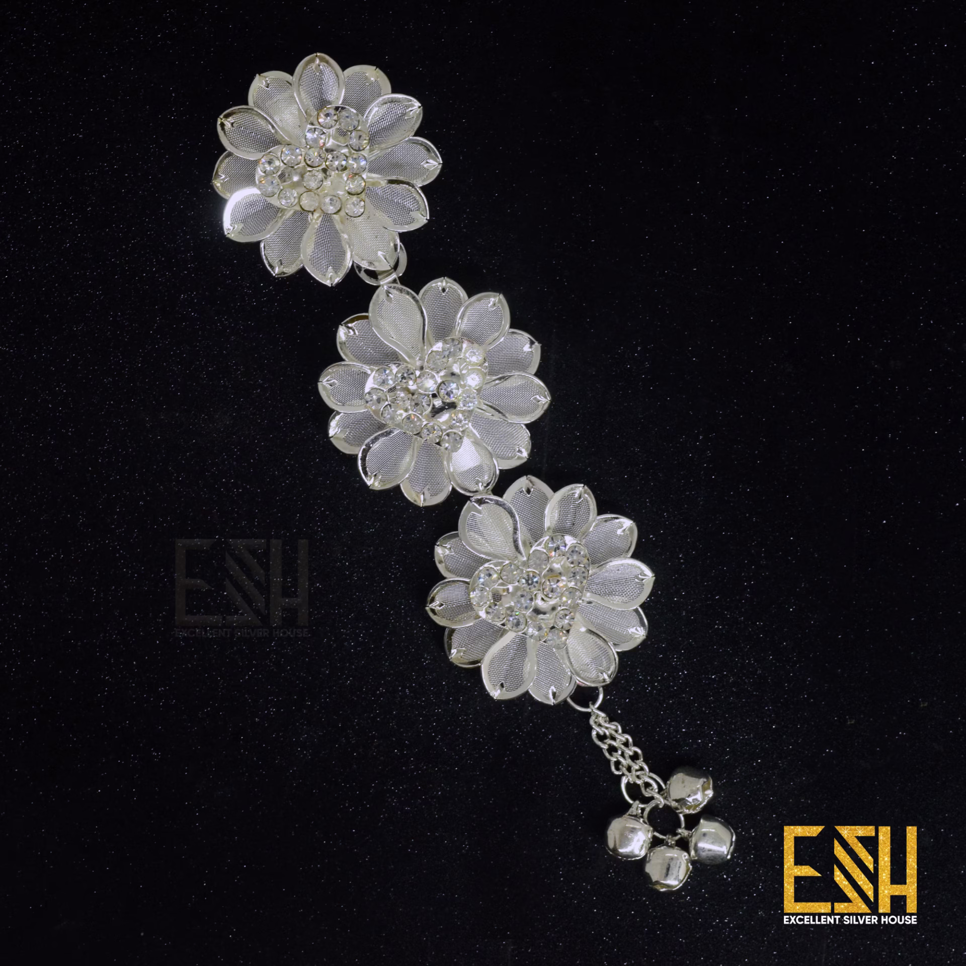 ESH Silver Plated Drop and Traditional Style Three Flower Theme Hair Ornament Maang Tikka/Nalal Thali/Hawaadi With Stone for Girls & Women