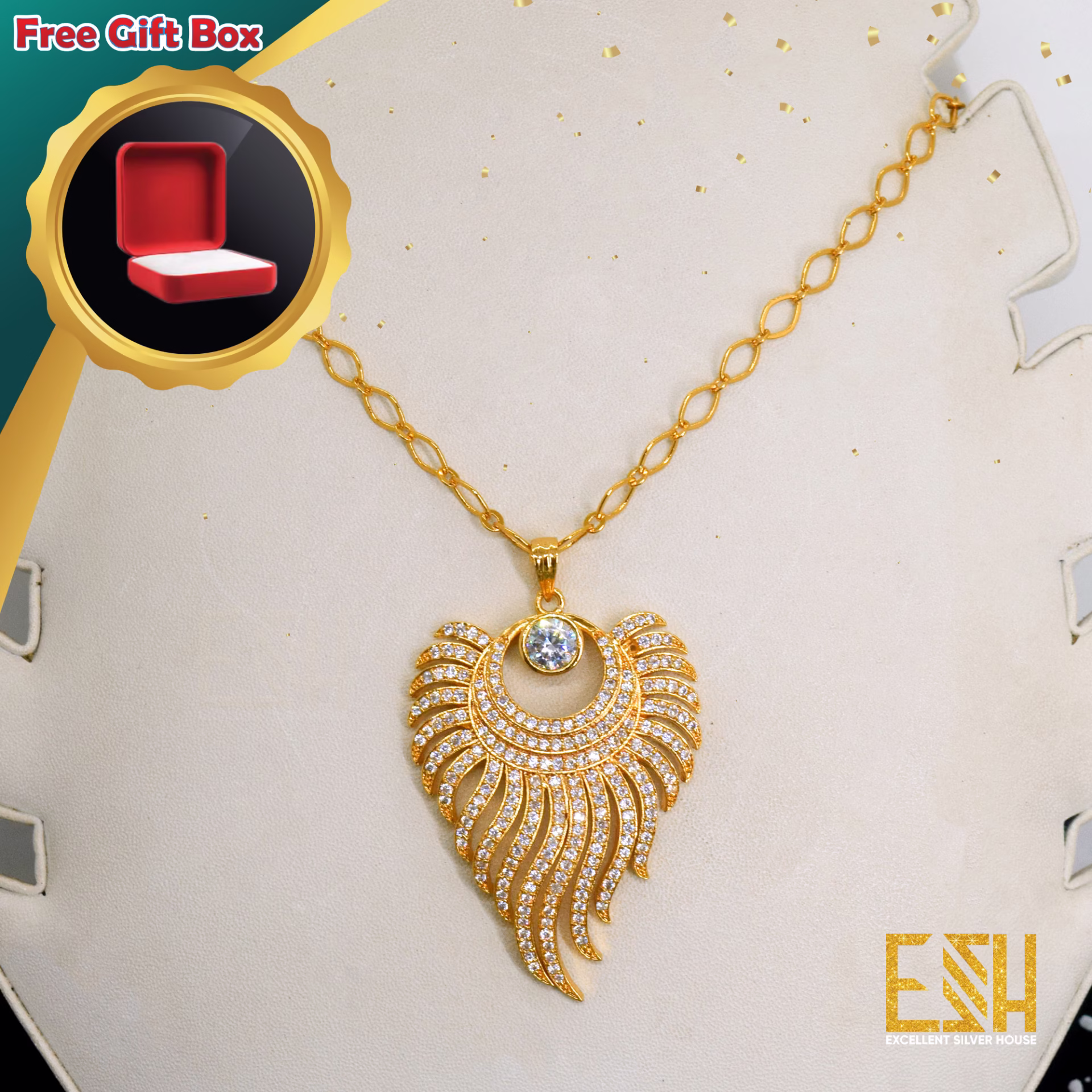 Gold Plated 18 Inch Short Link Chain With King Size Sun Flame Theme Pendant For Women With Free Gift box