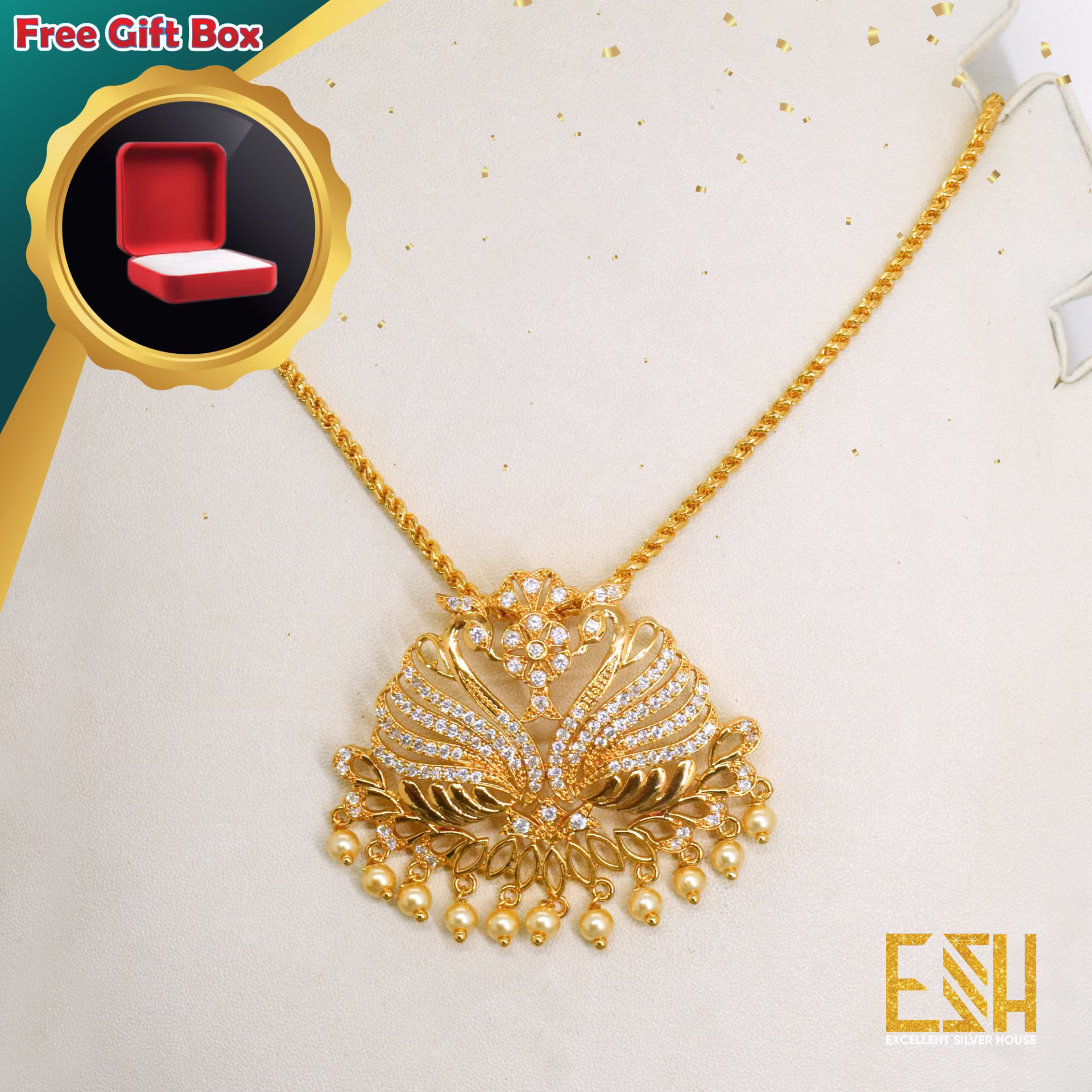 Gold Plated 18/24 Inch's Rich Look Rope Chain 2 mm with King Size Hansa Puttuwa Pendant for Gift, Women's and Girls