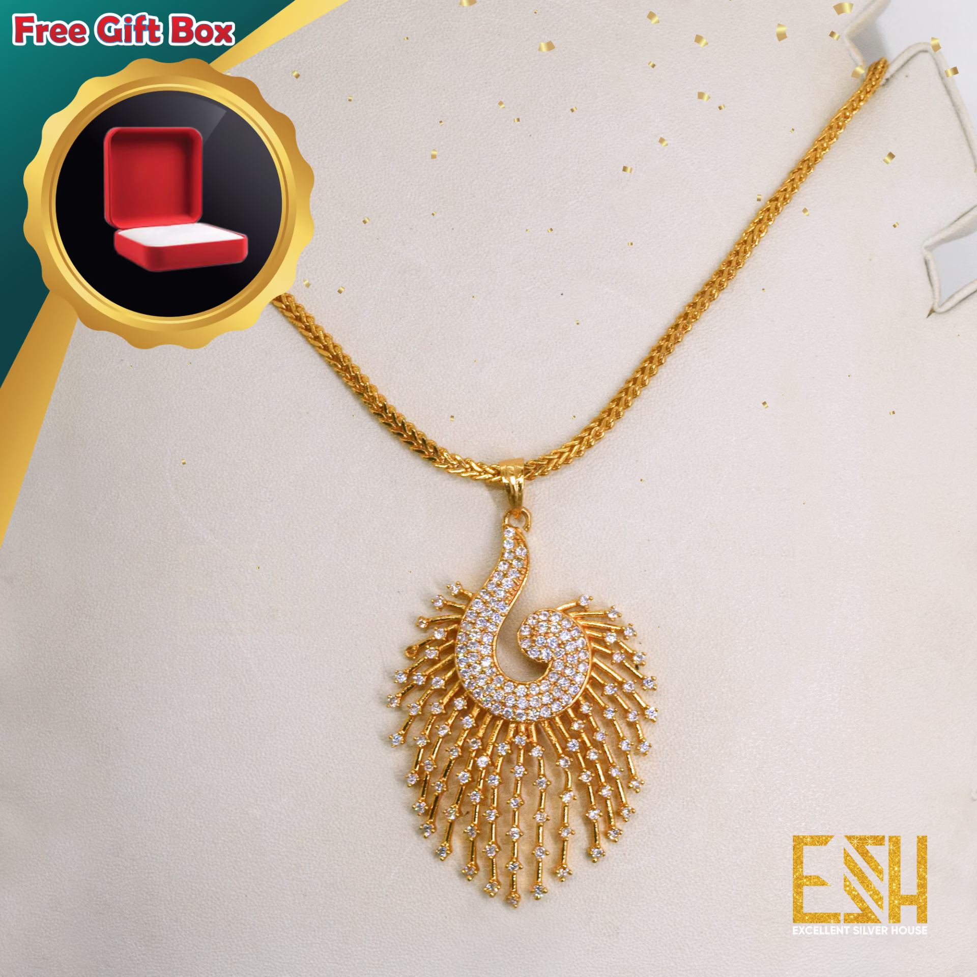 Gold Plated 18/24 Inch's Short Stylish Look Medium 2.5MM Flat Fox Chain with King Size Peacock Theme Pendant for Gift, Girls and Women's