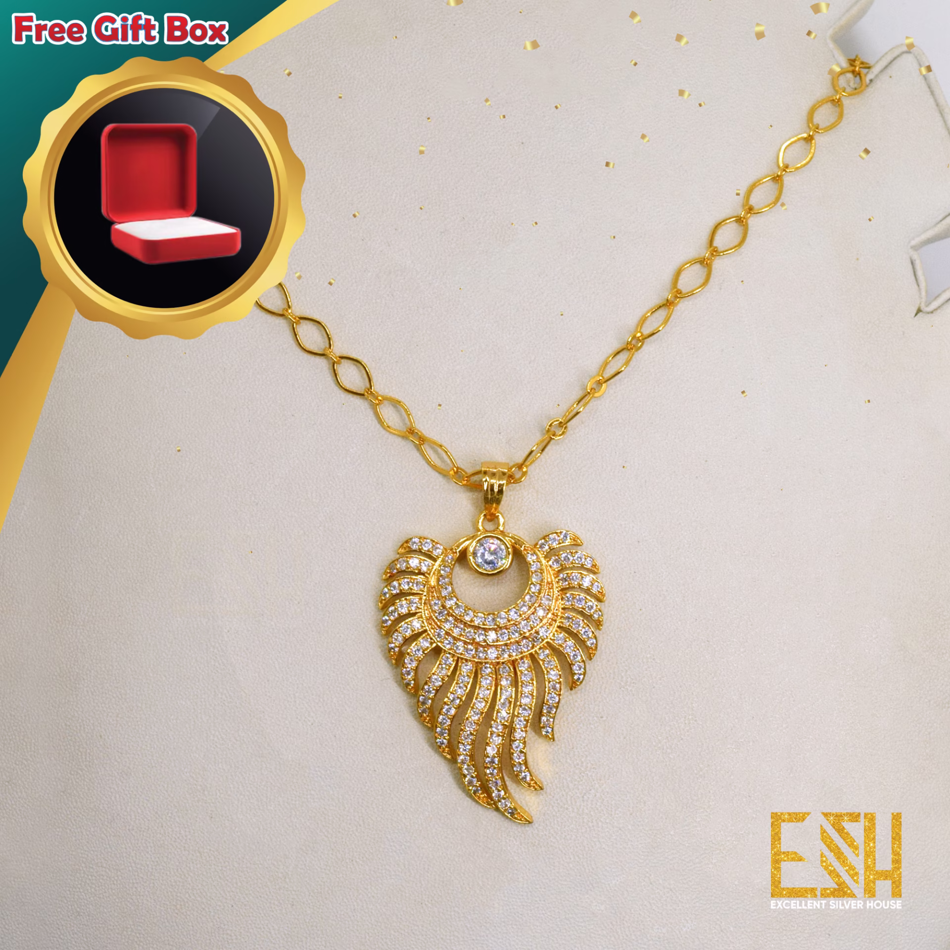 Gold Plated 18/24 Inch Link Chain With Sun Flame Theme Pendant For Women FREE GIFT BOX