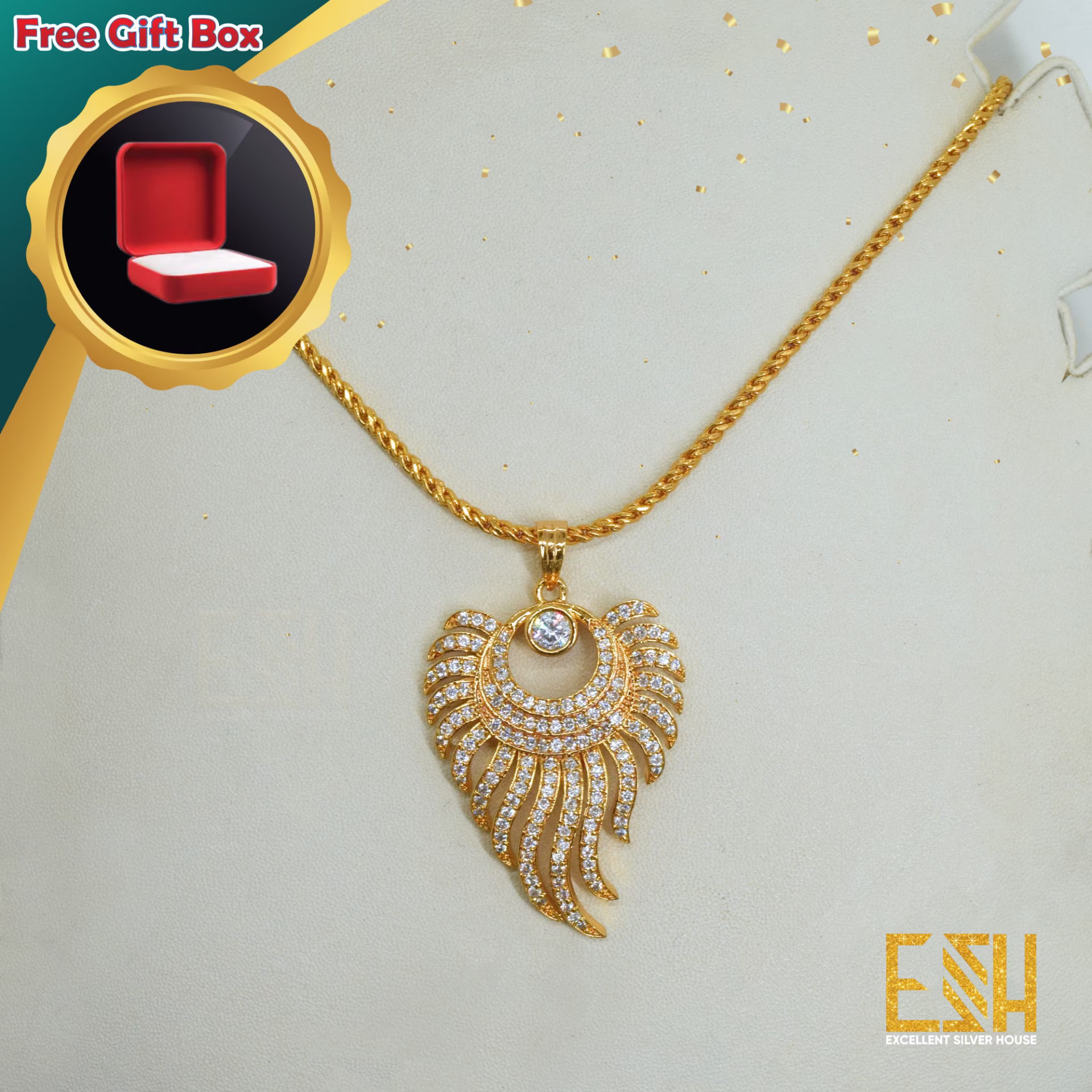 Gold Plated 18/24 Inch Stylish Look New Rope Chain With Sun Flame Theme Pendant For Ladies FREE BOX