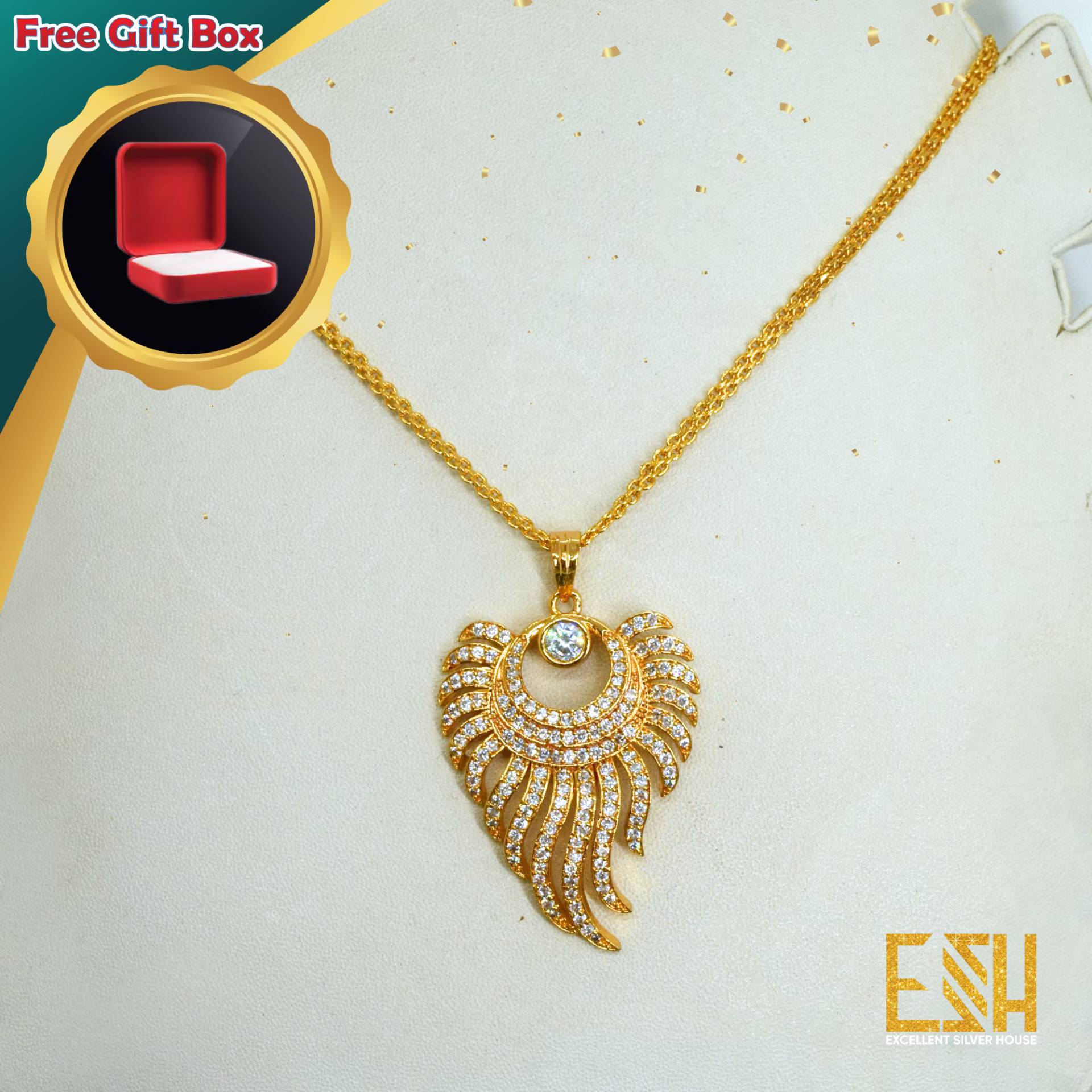 Gold Plated 18/24 Inch Stylish Look New Thin Bismark 2MM Chain With Sun Flame Theme Pendant For Ladies FREE GIFT BOX