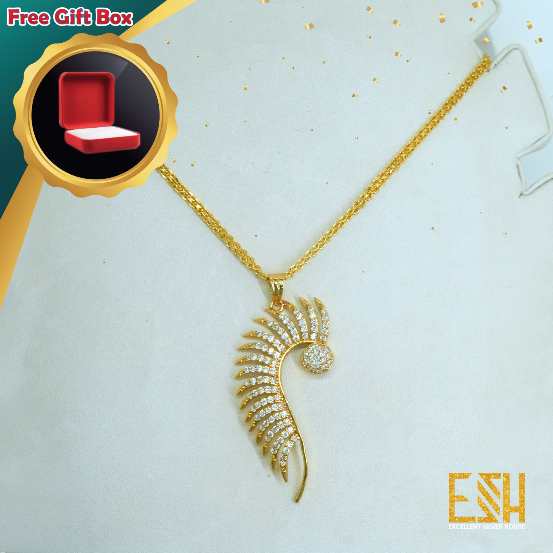 Gold Plated 18/24 Inch's Stylish Look Thin 02mm Bismark Chain with Big Half Peacock Theme Pendant for gift, girls and womens