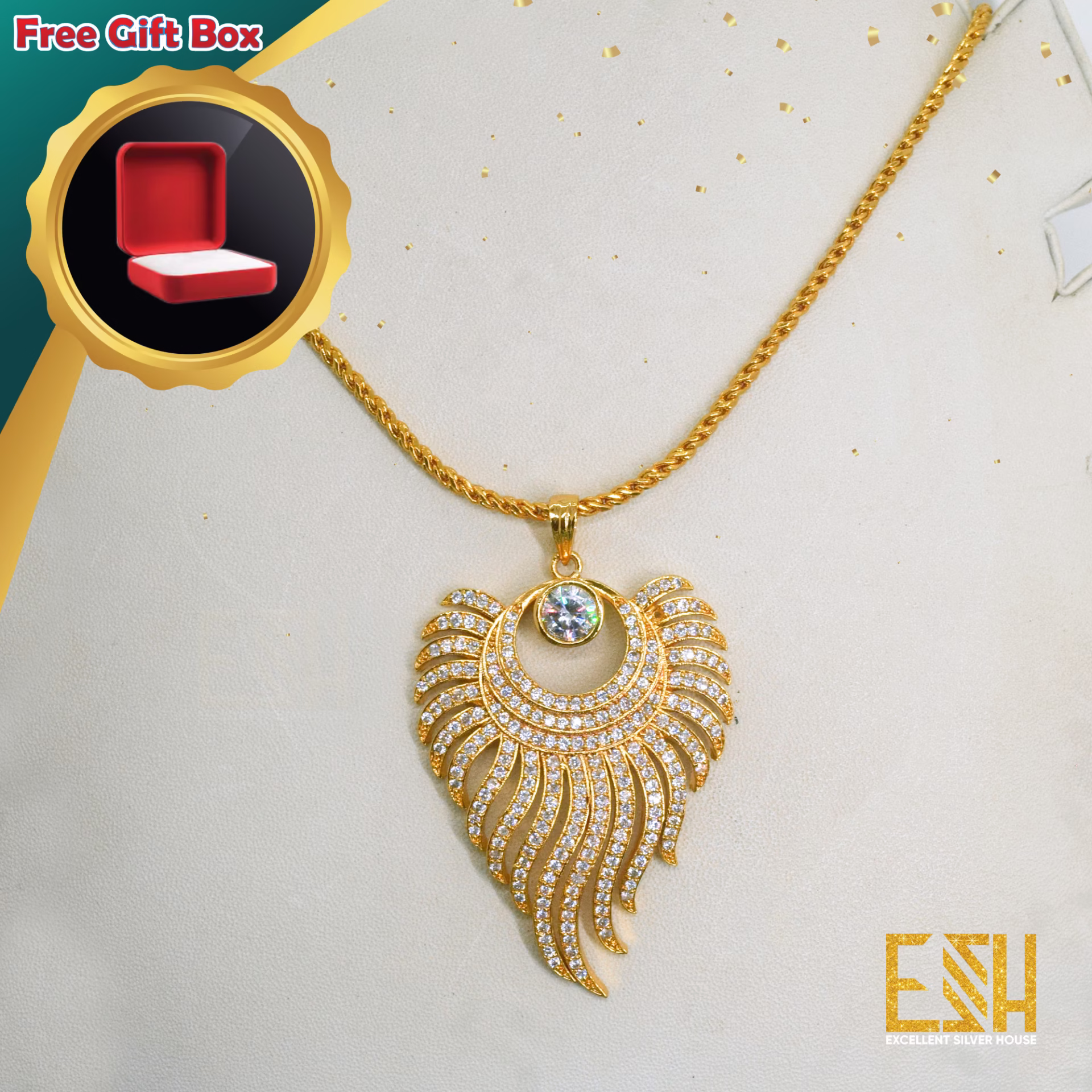 Gold Plated Stylish Look 18/24 Inch Long New Rope Chain 1.5MM With King Size Sun Flame Theme Pendant For Ladies With Free Gift Box