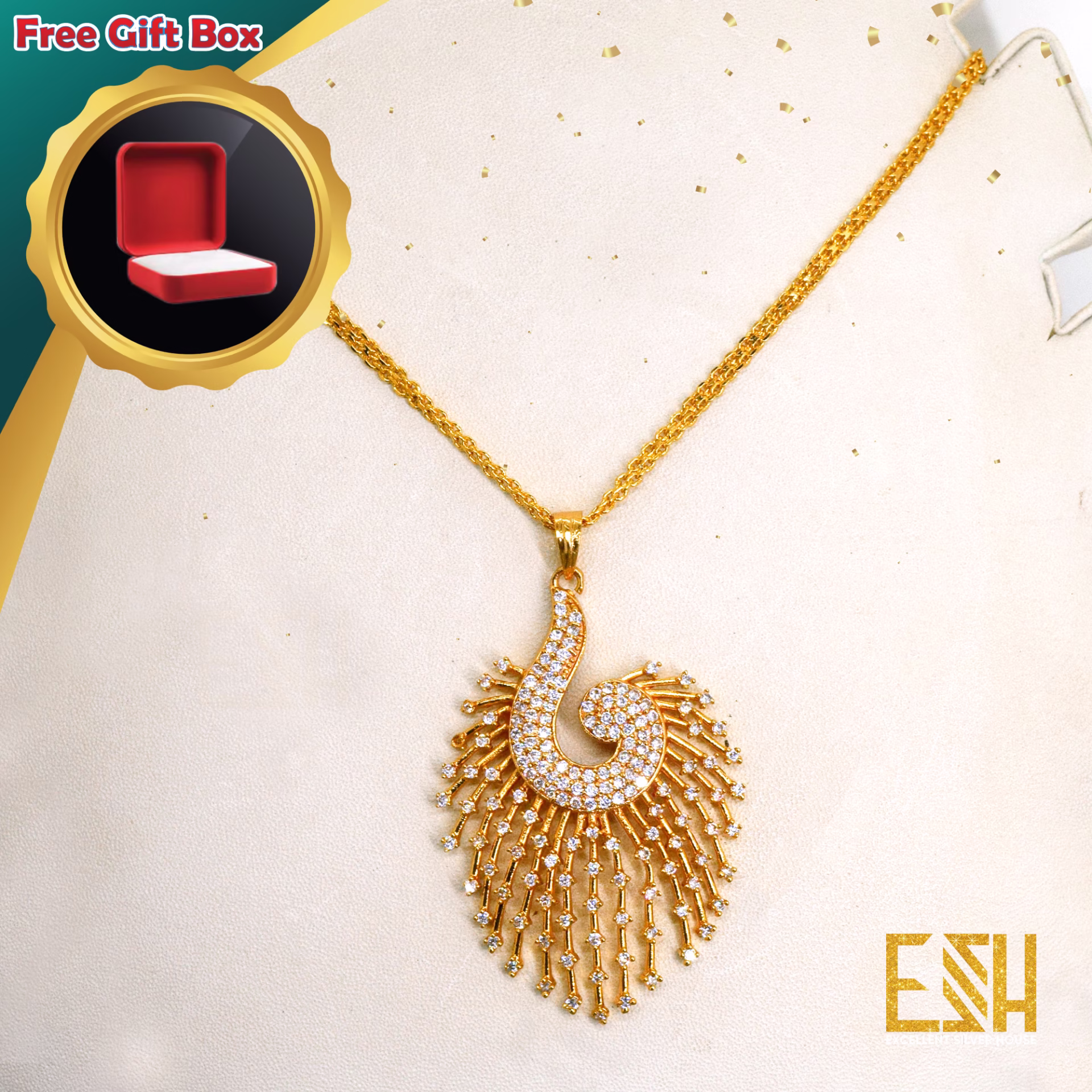 Gold Plated New Stylish Rich Look 18/24 Inch's Thin 02MM Bismark Chain with King Size Peacock Theme Pendant for Ladies, Girls and Gift