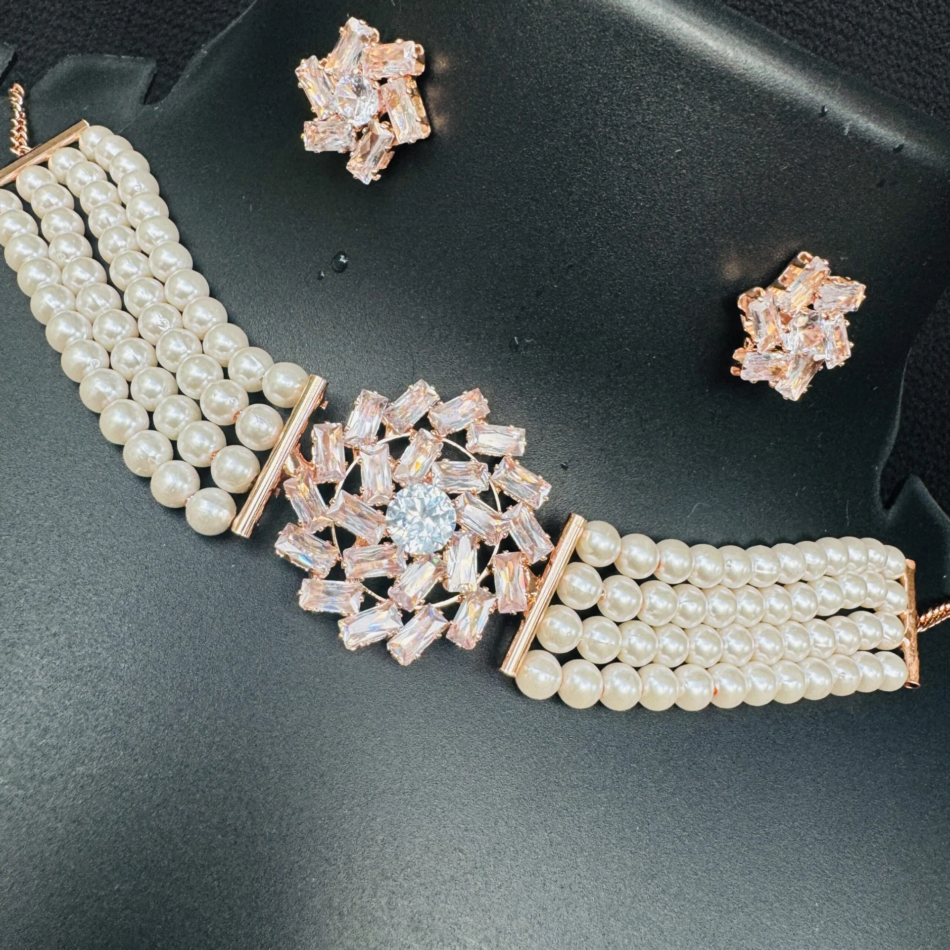 Rose gold and silver color white pearl beautiful Short choker necklace set with Cz Cubic Zirconia Beaded stone pendent for women and girl