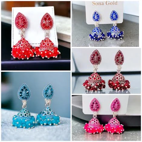 Silver mix small, cute water drop head with jimmiky drop earrings with blue, green, red, magenta fixed stone and pearl for girl and women