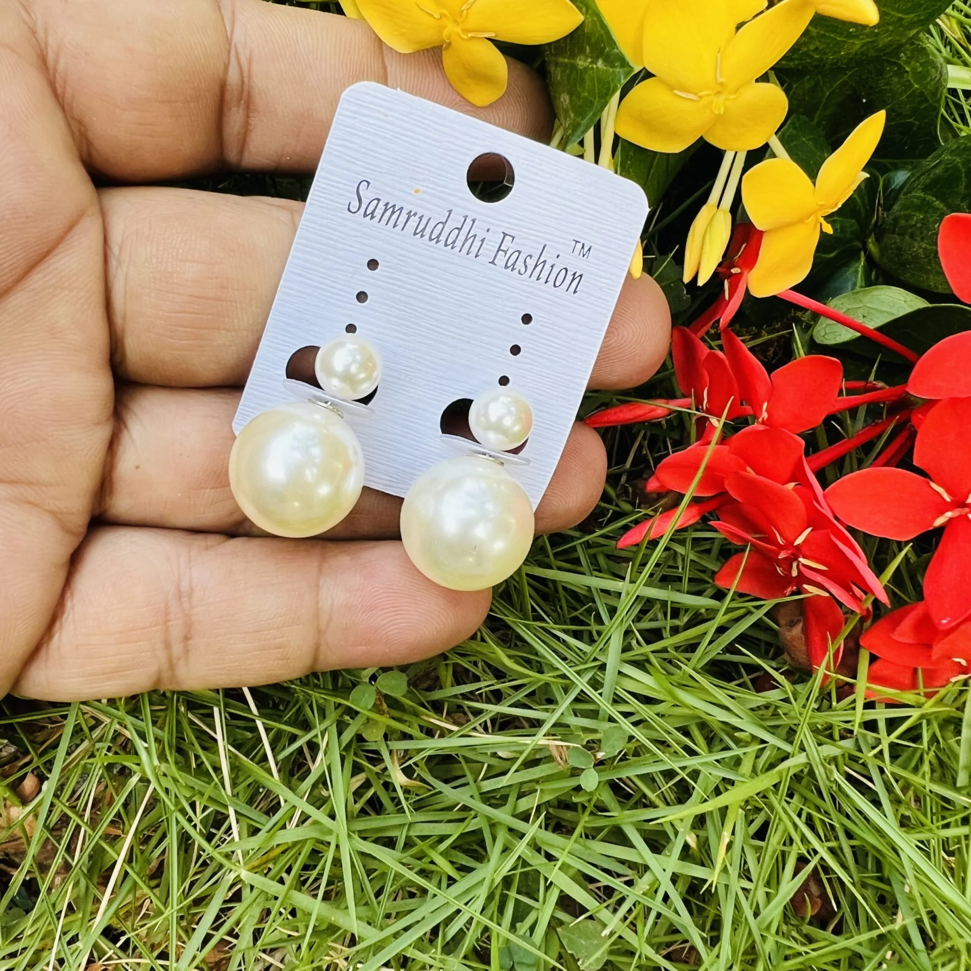 Off-white pearl Vintage Pearl Ear Jacket Earrings Double Side Pearl Stud Earrings for women and girl