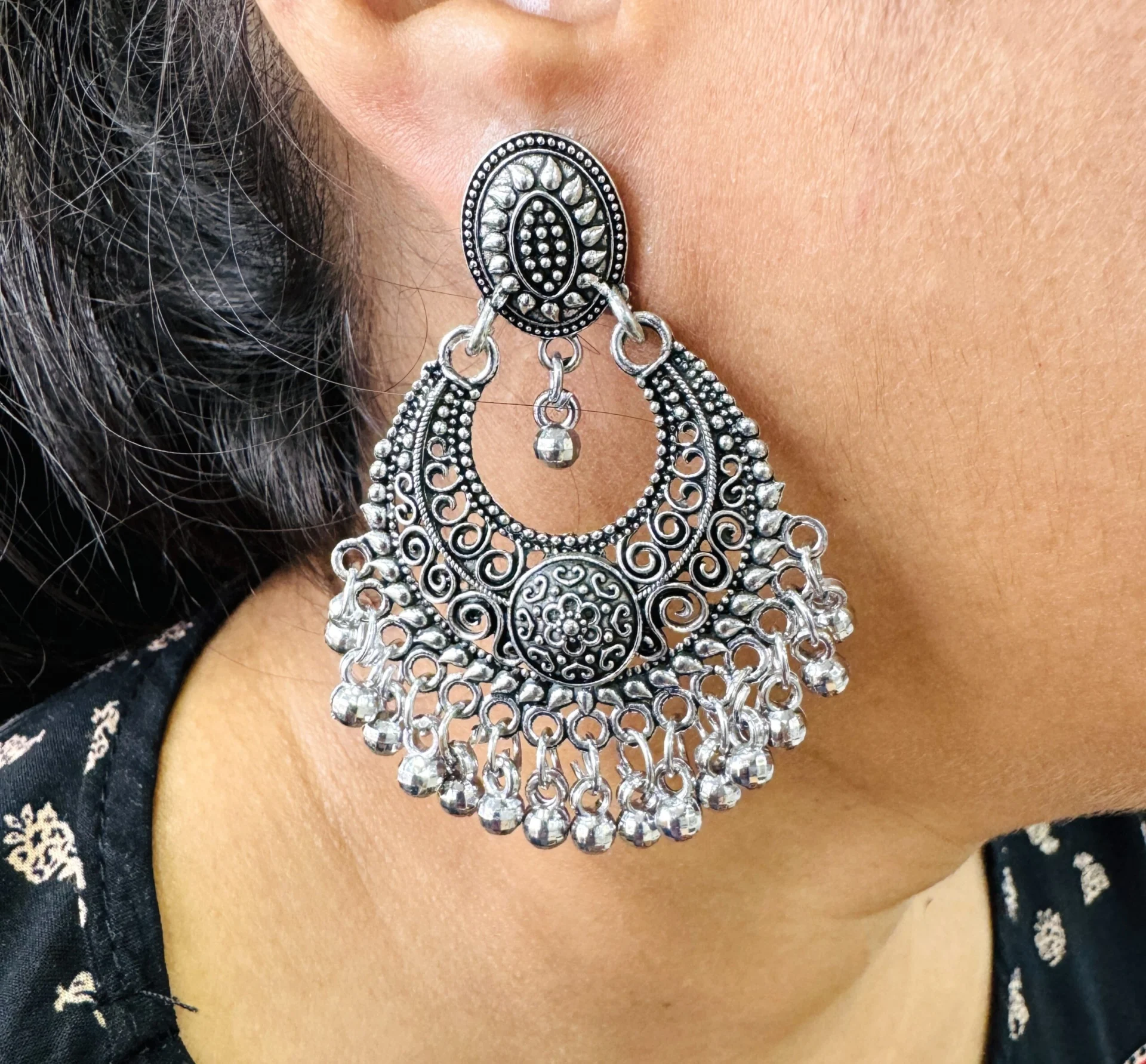 Oxidize silver color hoop type earring with beautiful carving and silver beaded for women and girl