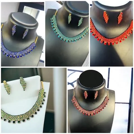 Gold color beautiful necklace and earring with fixed full red, dark blue, maroon, sky blue, green stone for women and girl