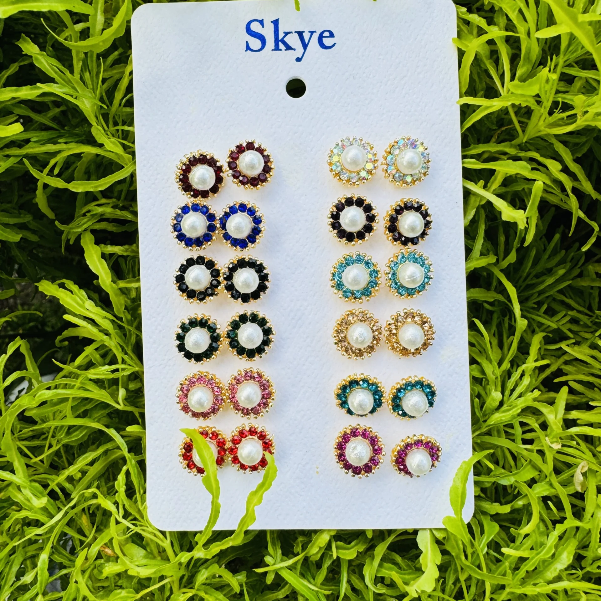 Rose gold color medium round pearl flower theme stud earring with red, maroon, blue, green, black, gold color stone for women and girl