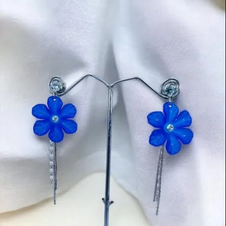 Silver plated stylish beautiful earring with blue flower and white stone pearl and silver line drop earring for women and girl