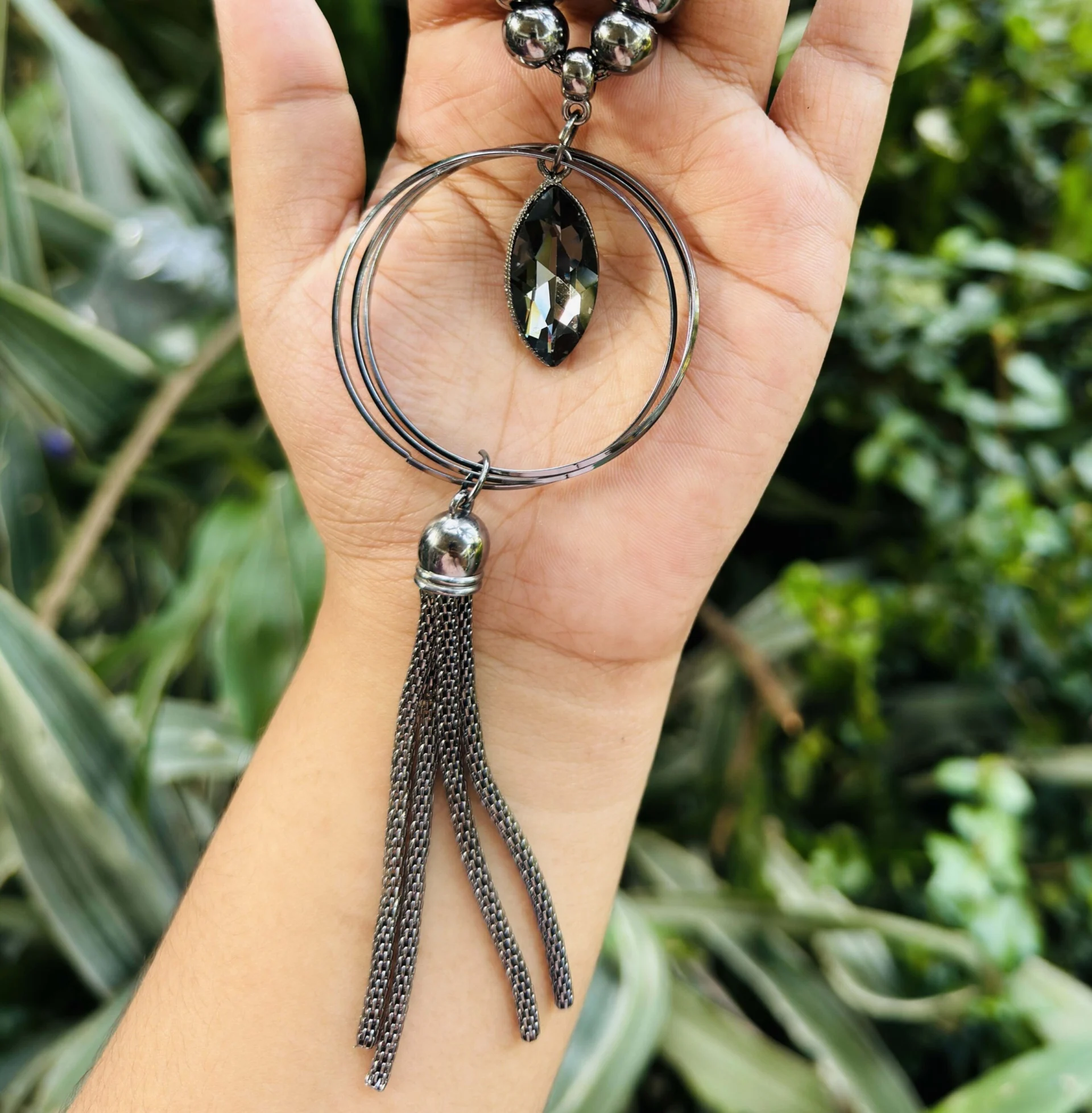Oxidize silver color long round, water drop, square, Marquise Sheps round pendent design fancy necklace with chain tassel for women and girl