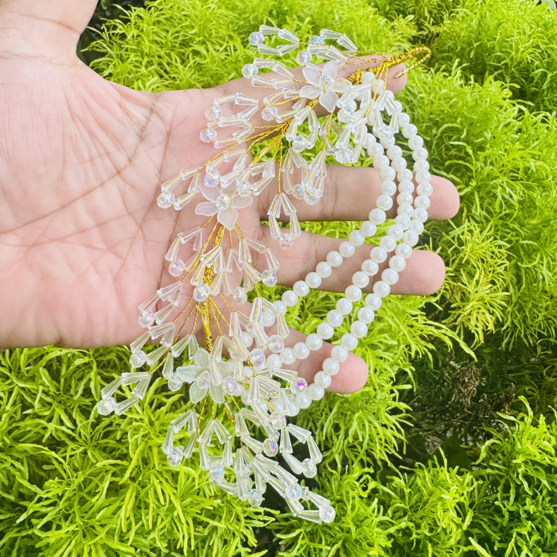 Gold color multi beads big hair ornament with three pearl line and white flower Bride Wedding Hair Comb Hair Accessories for women and girl