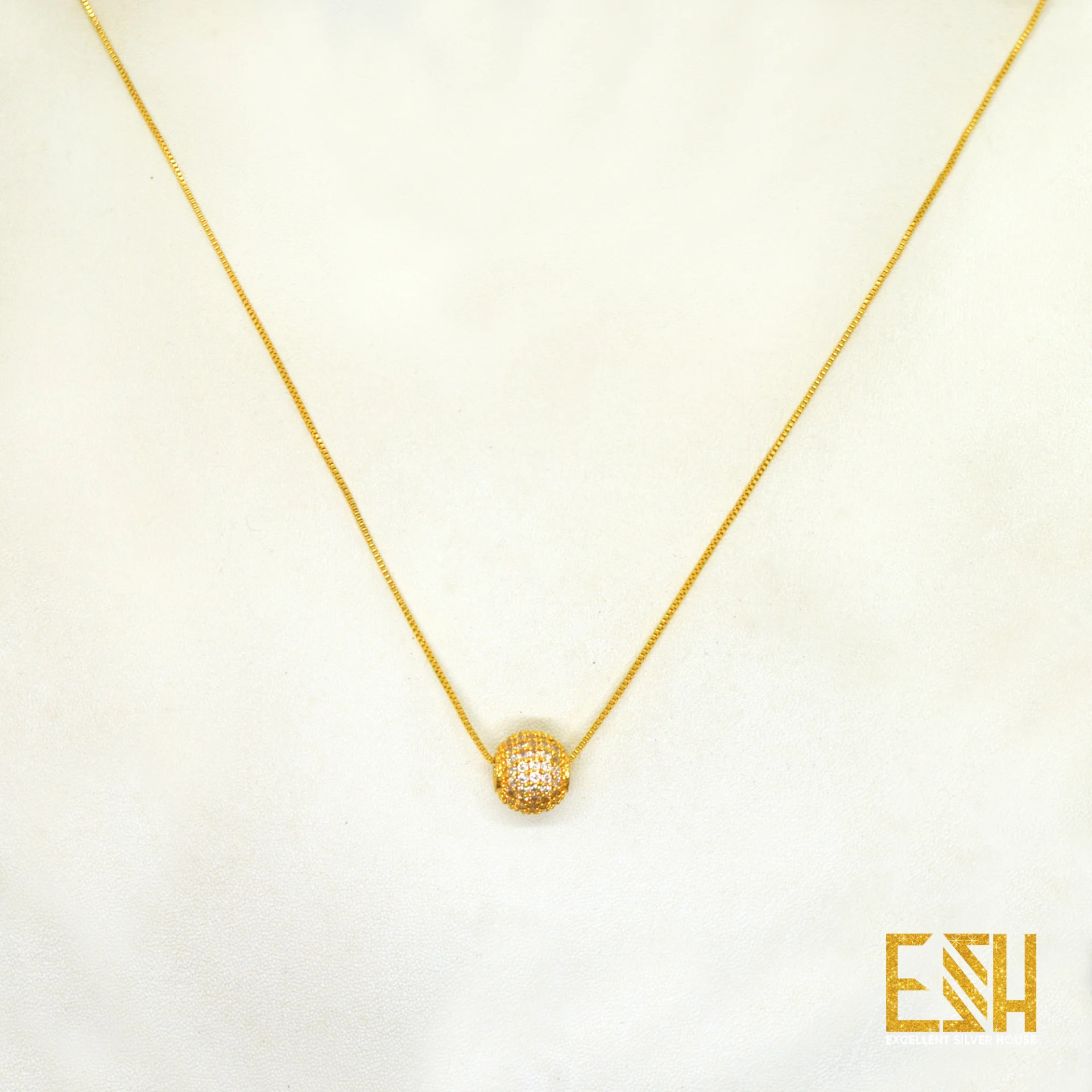 18Inch Short Gold-plated Rich look 1mm Box chain with 10mm small ball pendant with full stone for girl and women