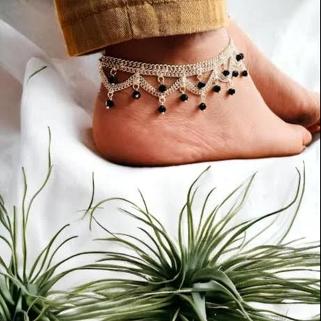 Silver Plated Traditional pair of Krishna Type Anklet, pada salan Foot Jewelry Payals Kolusu With Hanging Type Black pearl for Women gift items for girls