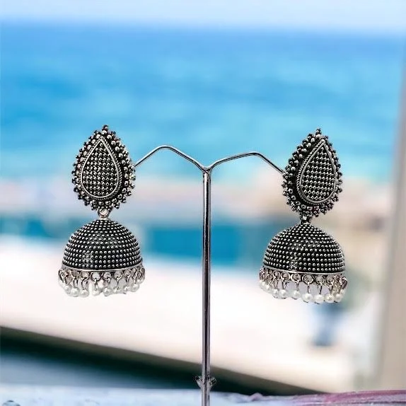 Black, silver color Indian style big beautiful jimmiky earring with white pearl for girl and women