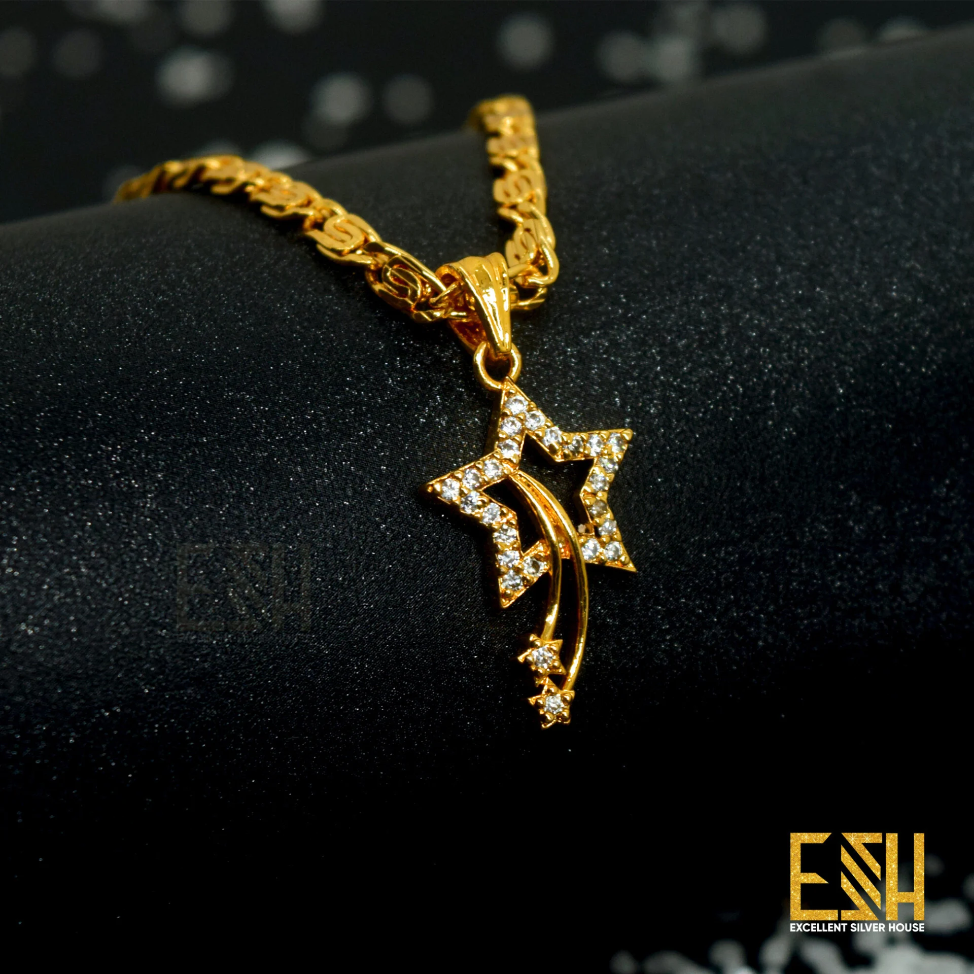 ESH Gold plated Ladies 4MM Stylish New Trend Fisher Chain 18/24 Inch Short Beautiful Design With Star Theme White Stone Pendant