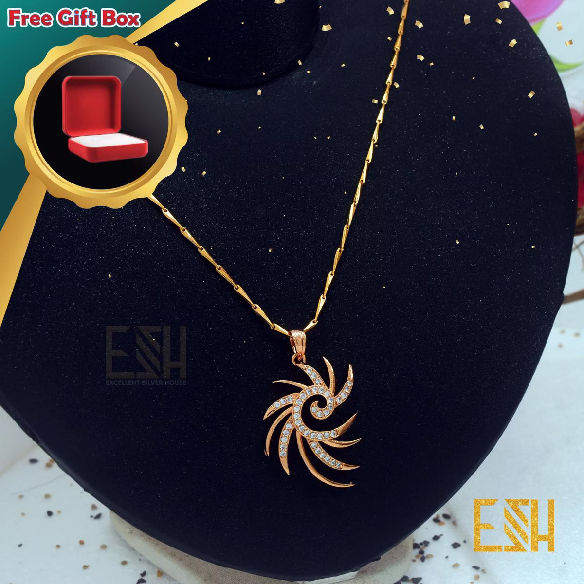Gold Plated ESH 1.5MM V-Cut Chain S clasp 18/24 Inch With Rich Look Big Derana sun theme pendant Durable Combo jewellery For Women Love Gift