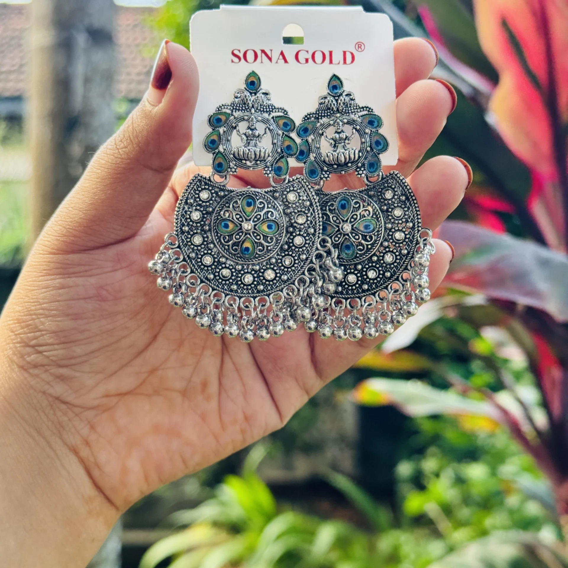 ESH OXIDIZE color long Peacock feather type earring with white stone and tassel for women and girl