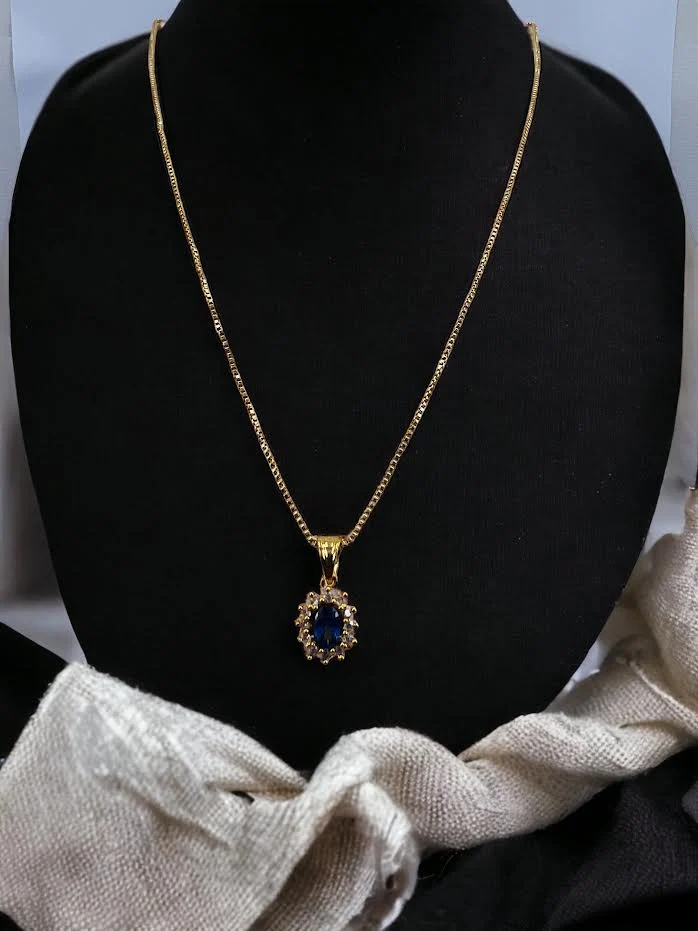 22KT gold plated 01mm box chain with Cubic zirconia rectangle Blue and white stone flower theme eye catching rare chain pendent