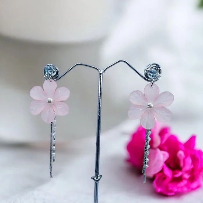 Silver plated stylish beautiful earring with light pink flower and white stone pearl and silver line drop earring for women and girl