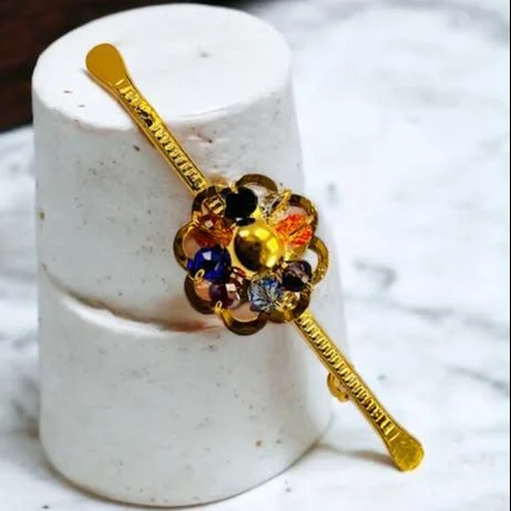 ESH Gold plated Stylish Dark multi color flower Theme Kandiyan saree Brooch / Saree Pin For Women