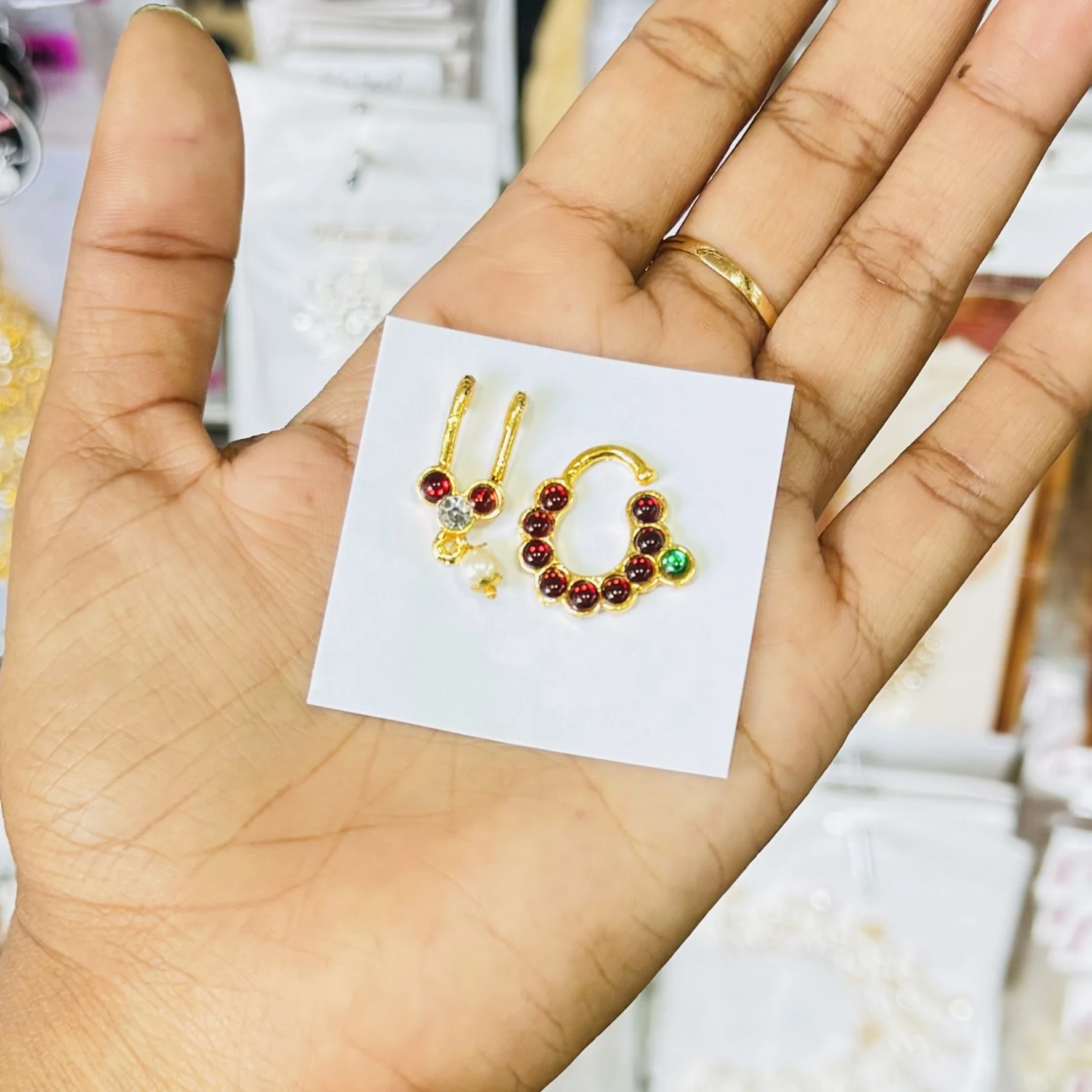 Gold mix red mookuththi nose ring set Nose Cum Septum and nose ring for Non Pierced nose women and girl