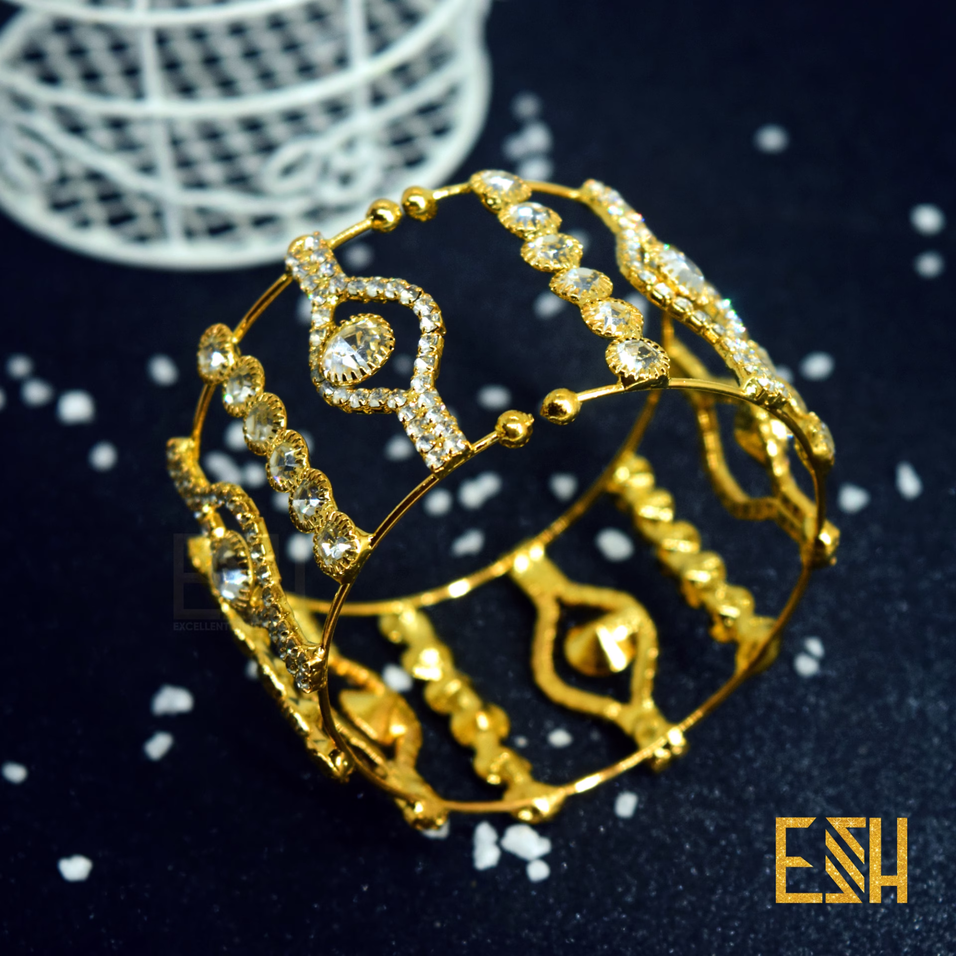 ESH Fancy Gold Stylish Free Size Bangle With Full White Stone For Ladies