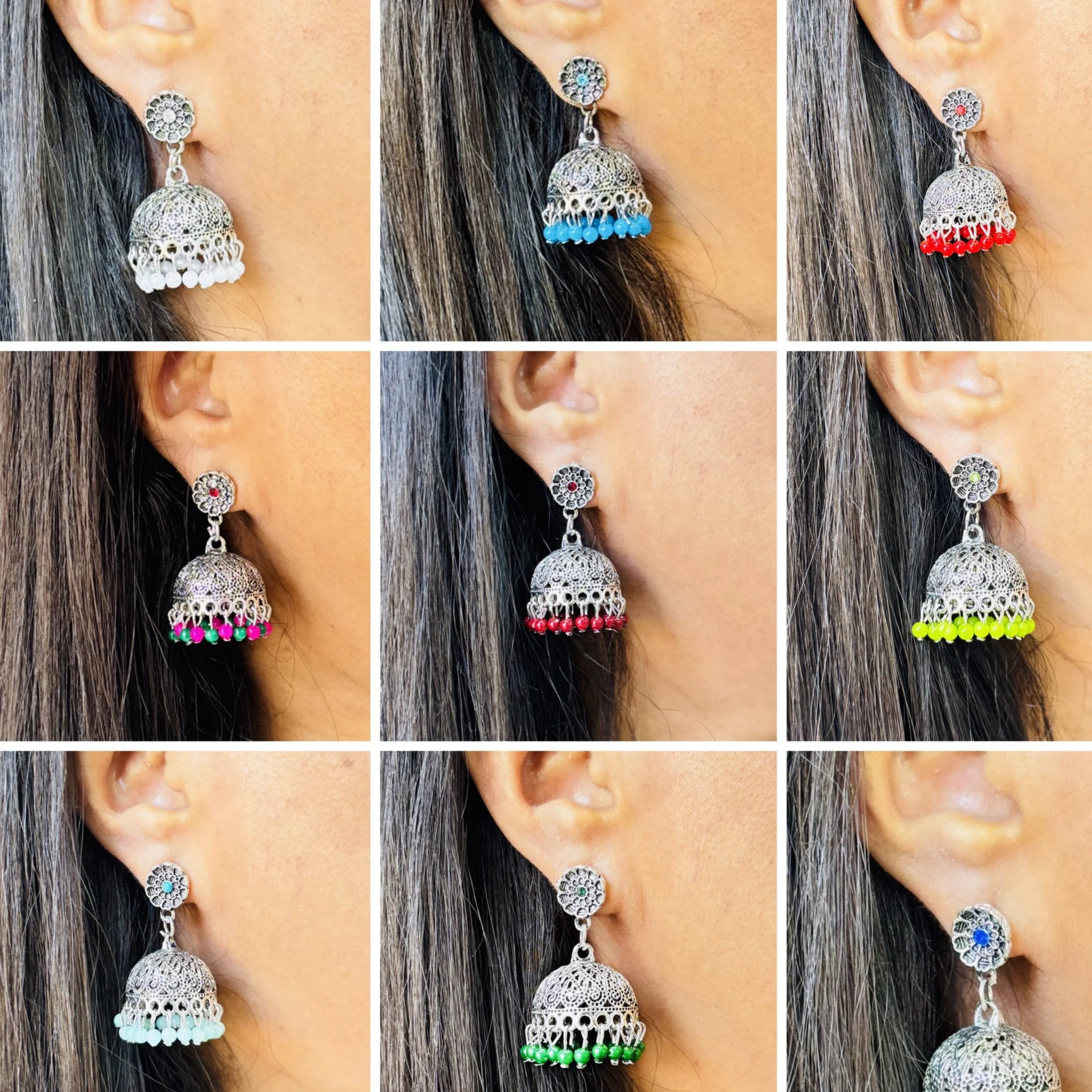 Silver color cute jimmiky drop earrings with blue, green, multi, red, sea blue color pearl for woman and girl