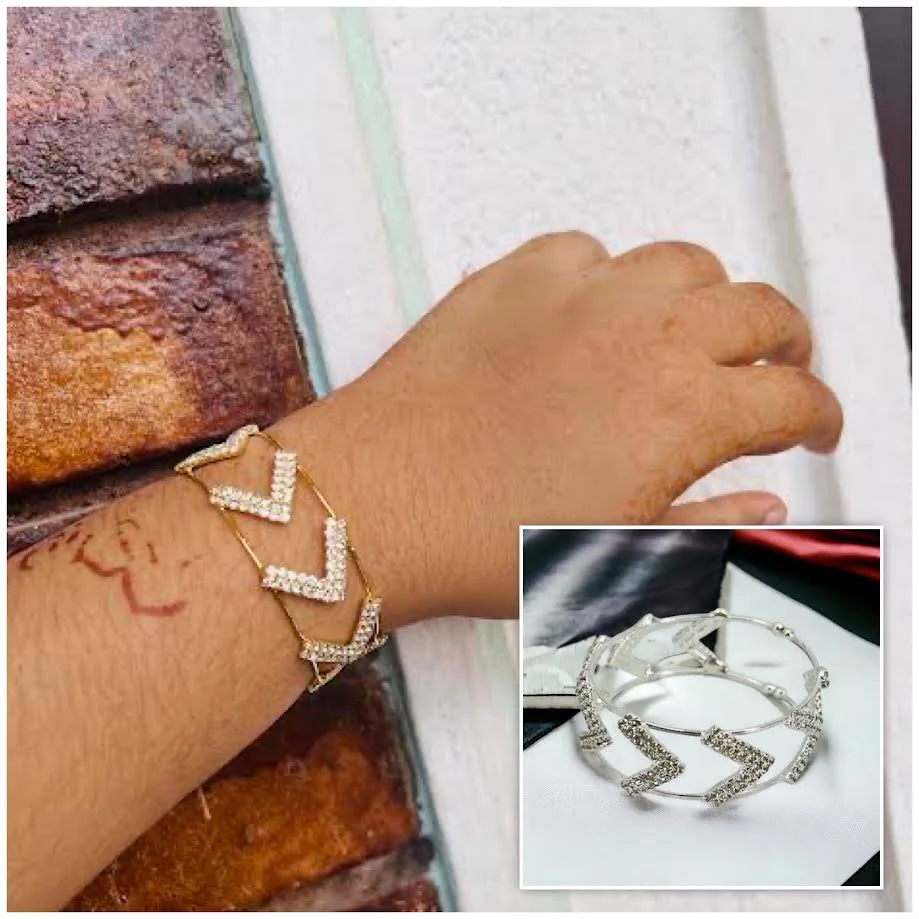 Gold color new arrow Type Free Size Bangle with Fixed White Stone for Women Gift (Fit for Any Hand)