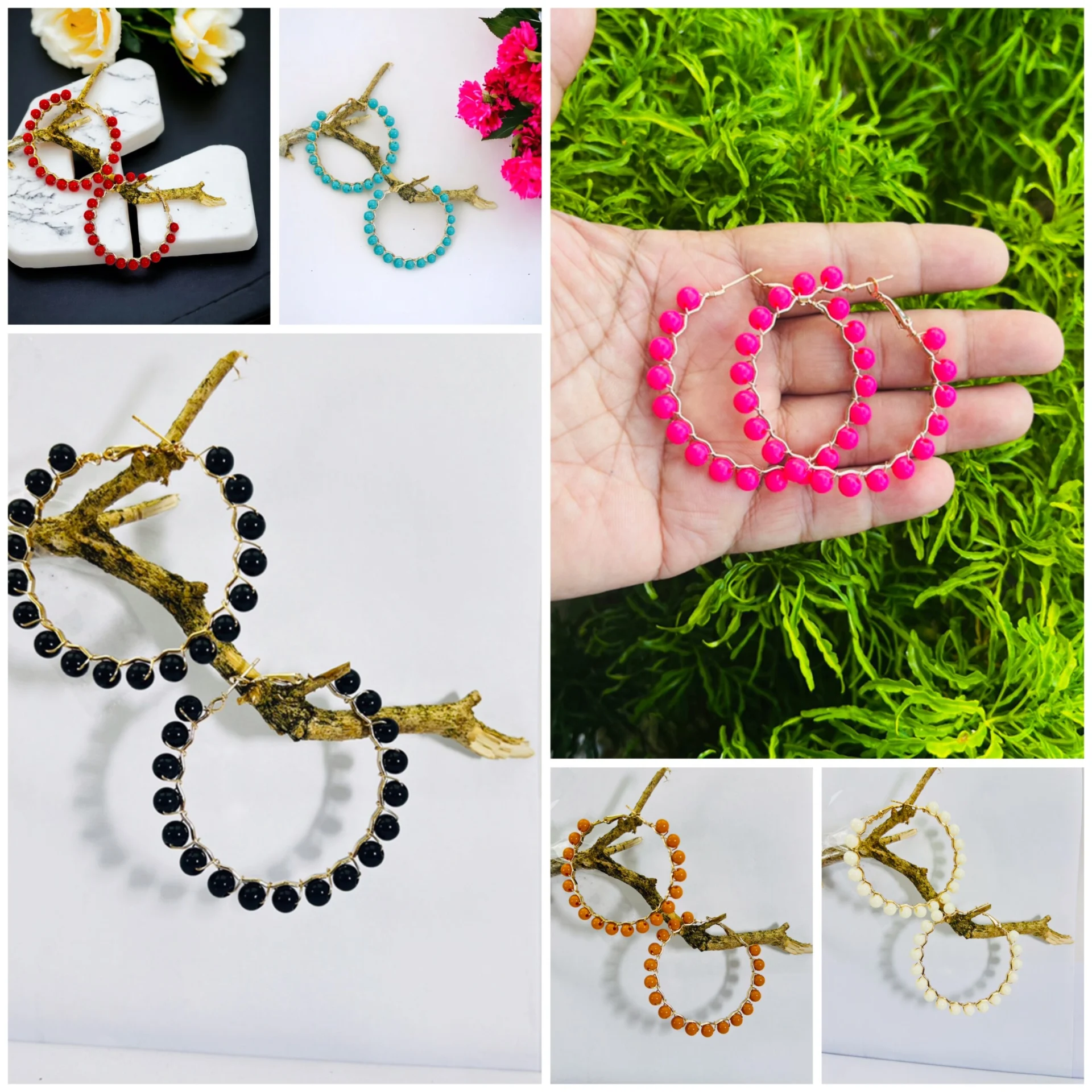 Gold color Fashion Dangle hoop earring with pink, white, black, red, yellow pearl and gold color fringe for women and girl