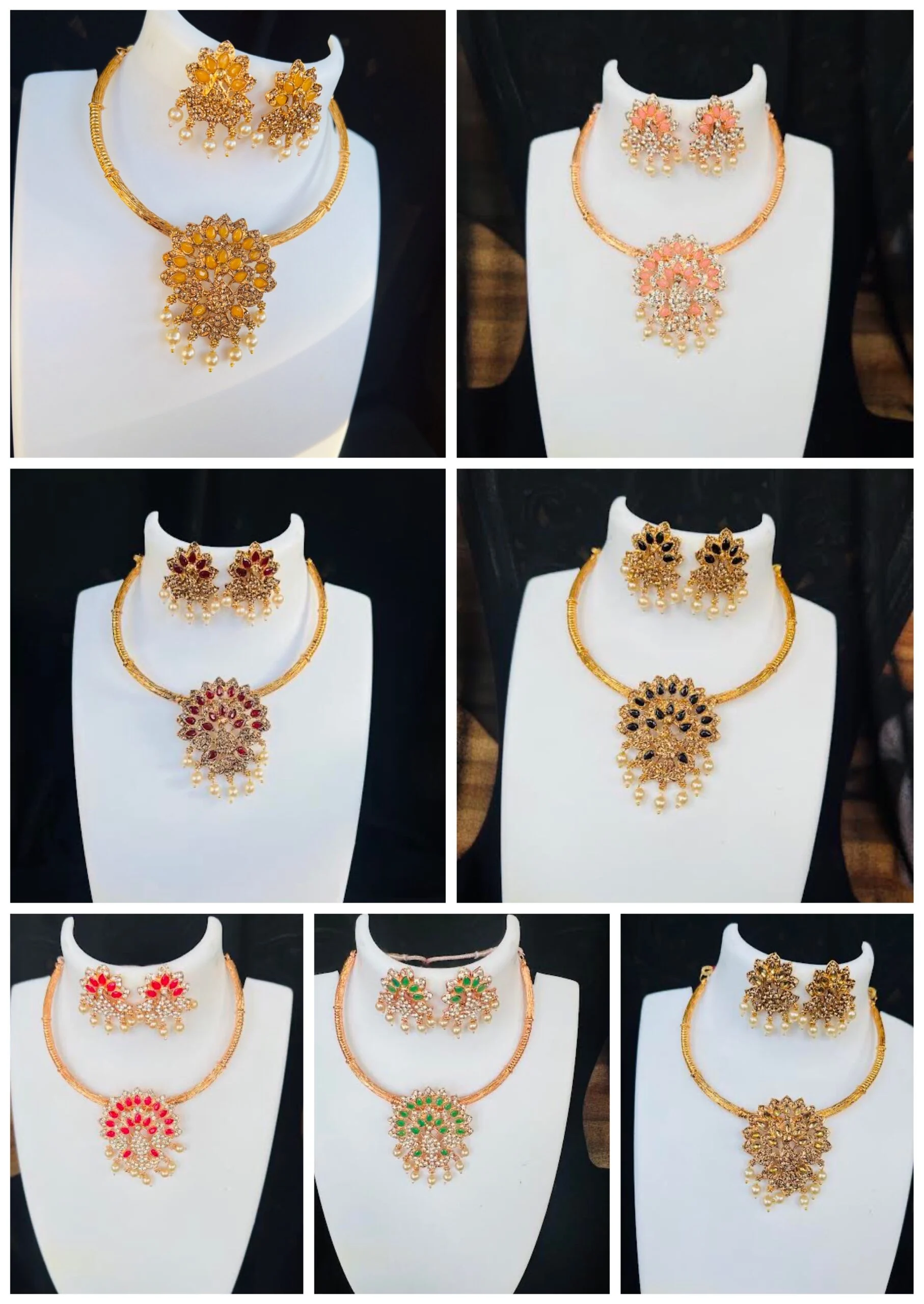 Peacock theme Rose gold color necklace with black, gold, green, maroon, orange, peach, yellow stone and white pearl for girl and women