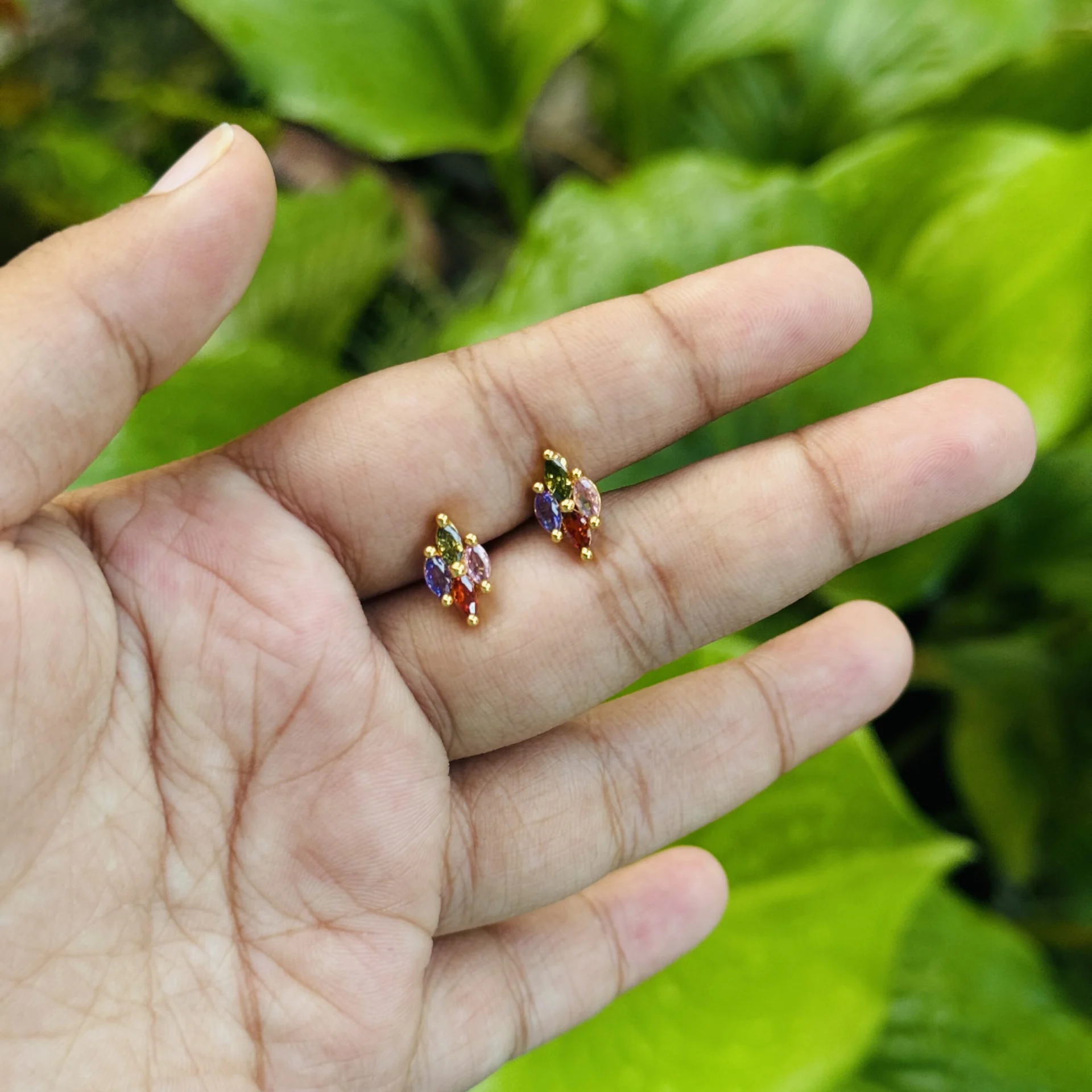 Gold plated beautiful rhombus shape stud earring with multi stone foe women and girl