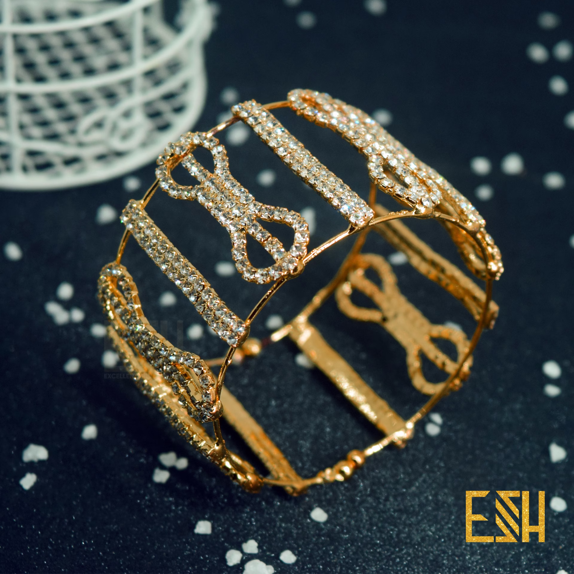 ESH Fancy Gold Stylish Free Size Bangle With White Stone For Ladies