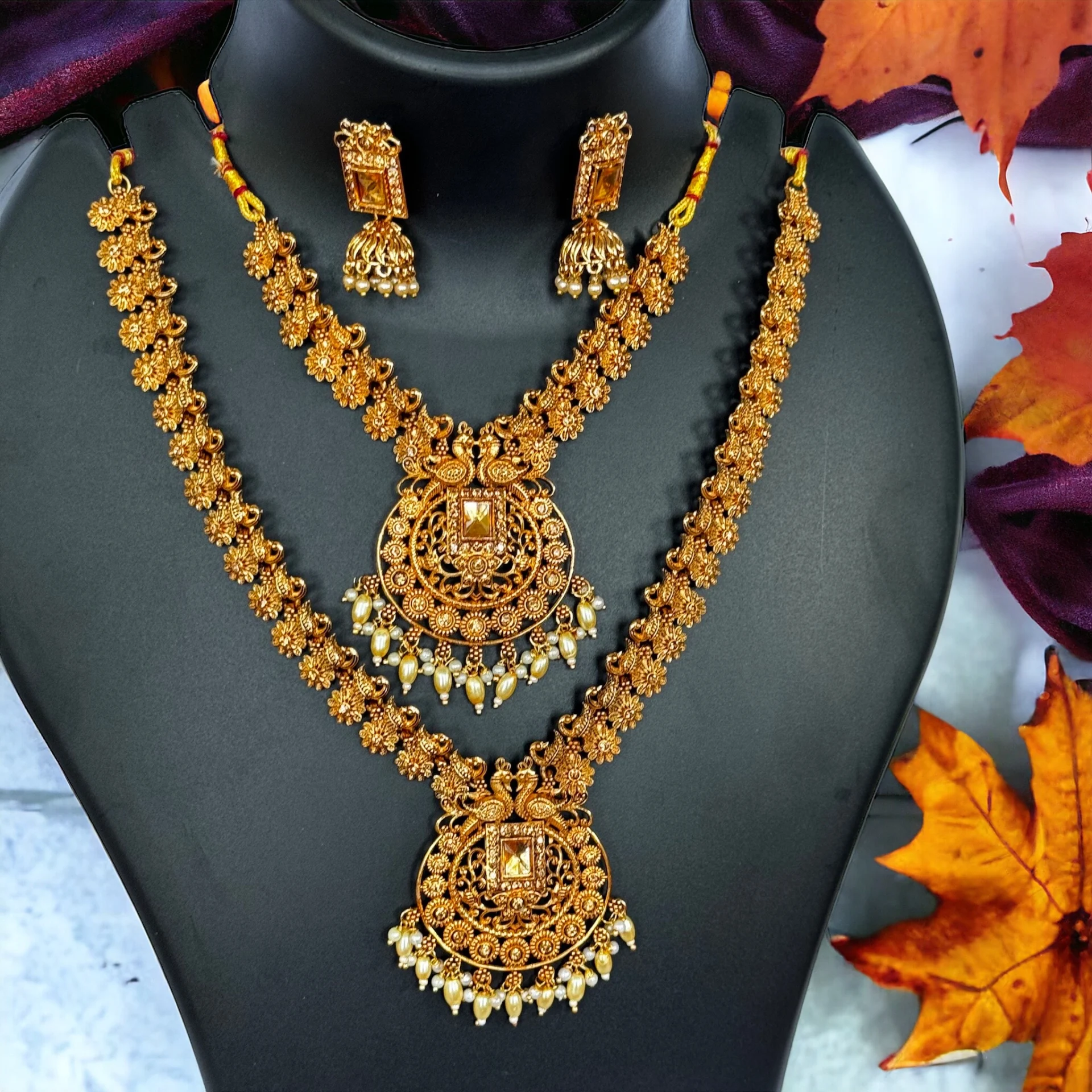 Dull gold color big double necklace with one pair earring fashion jewelry set with gold stone for girl and women