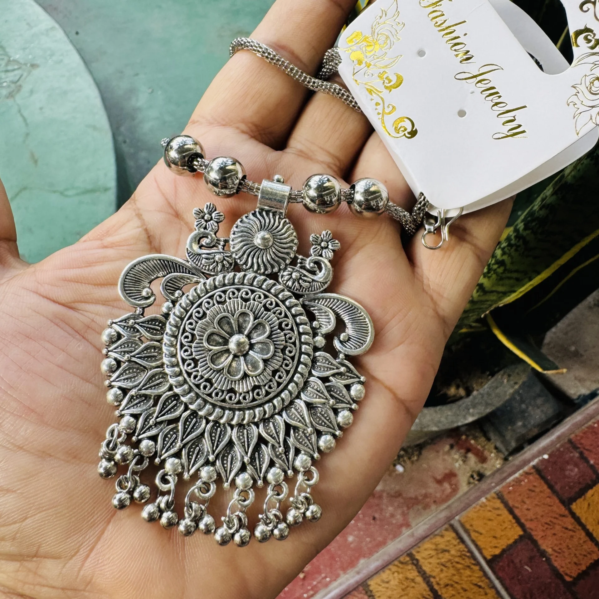 Oxidize Silver color 20-inch short chain with full Flower theme antic look big pendent with stone and silver beaded necklace for women and girl