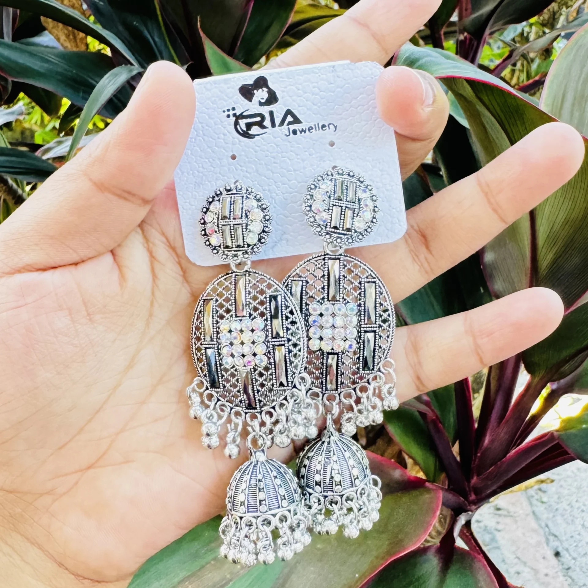 ESH Oxidize color long tassel jimikky earring multi stone and ash color stone with oxidize beaded for girl and women