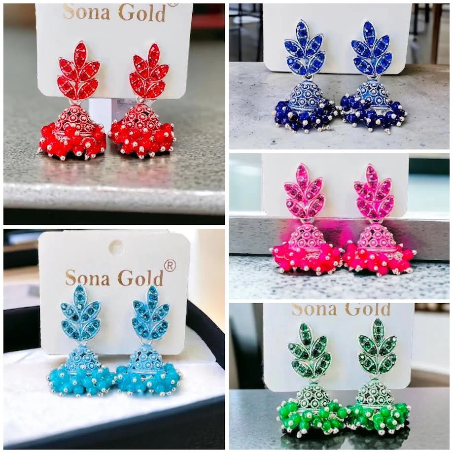 Silver mix small cute jimmiky drop earrings with blue, green, red, magenta fixed stone and pearl for girl and women