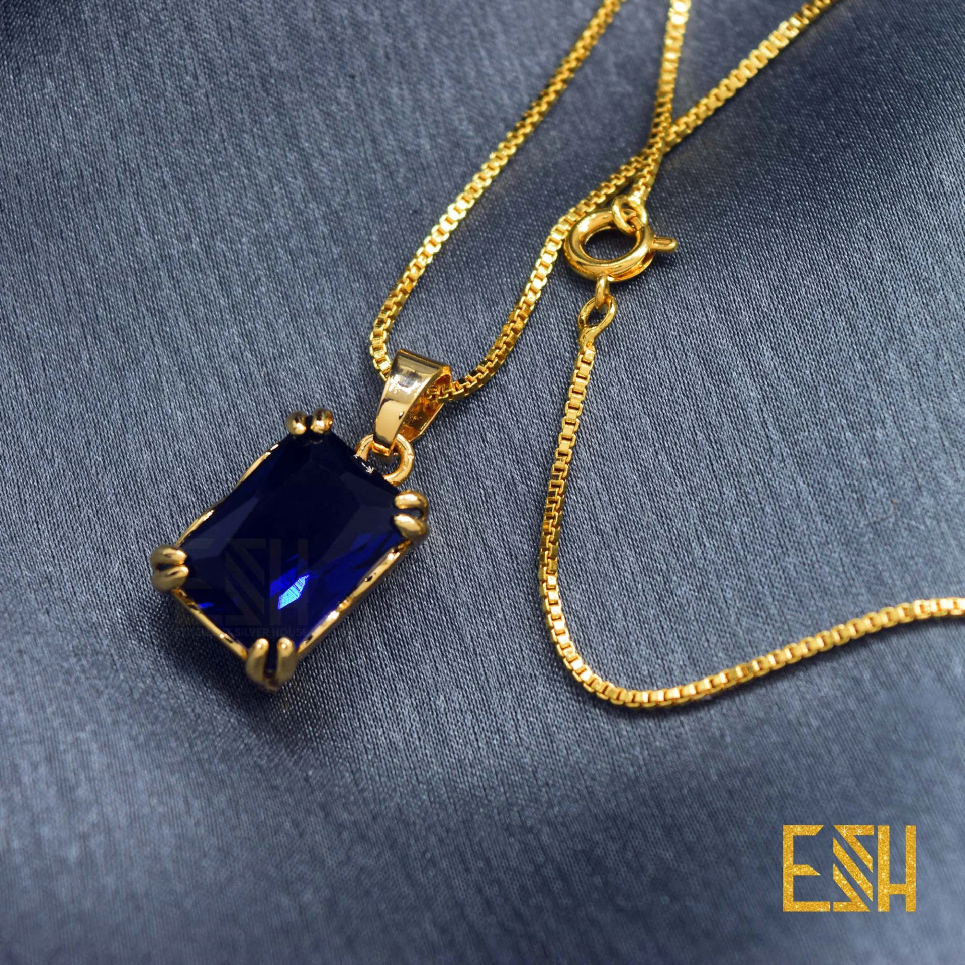 22KT gold plated 01mm box chain with Cubic zirconia rectangle Blue stone eye cathing rare chain penten gift items for girls