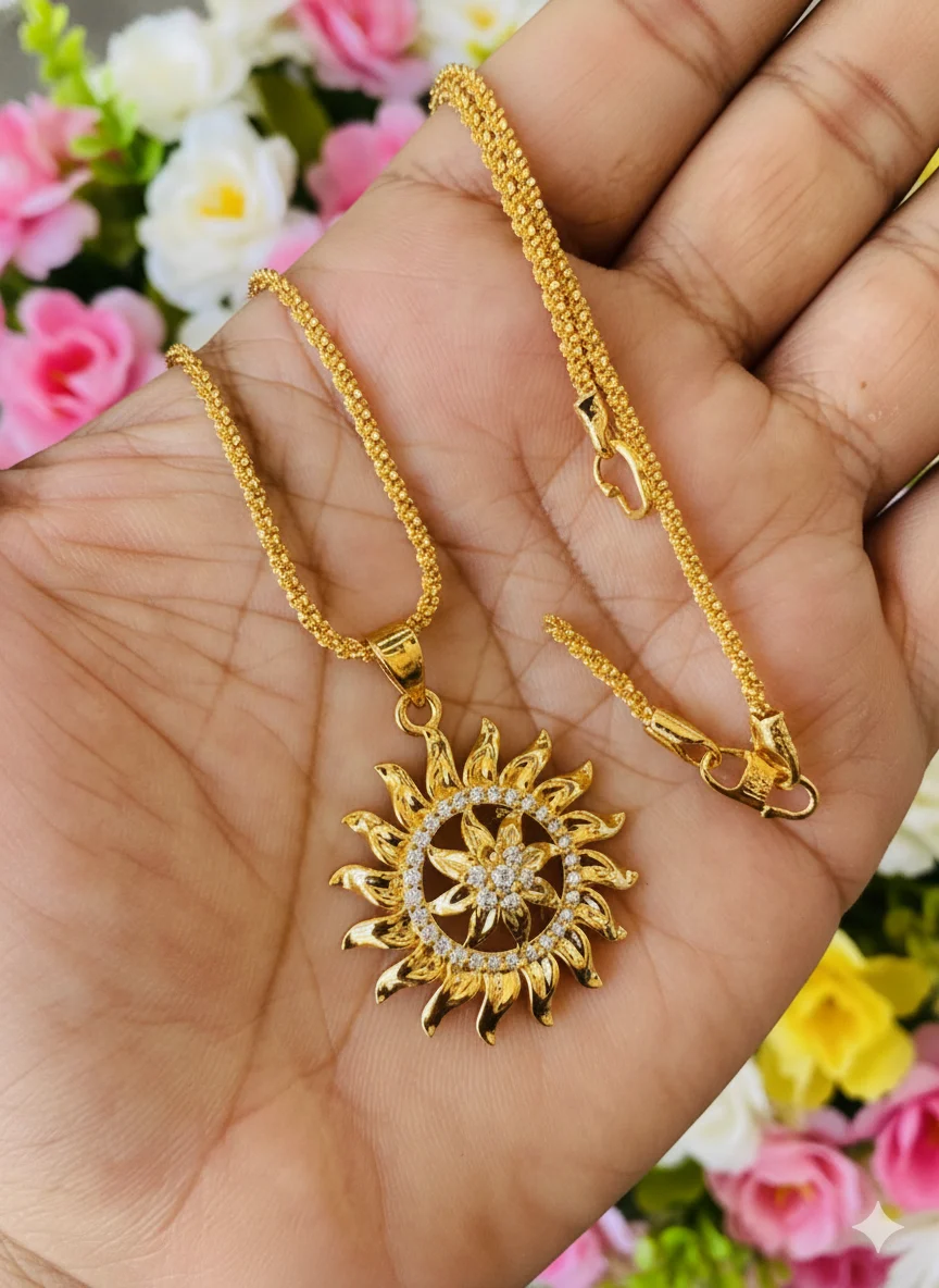 Gold plated 18/24 Inch Twice rope 1.5 mm chain and Sun design large pendant with white stone for women & girl