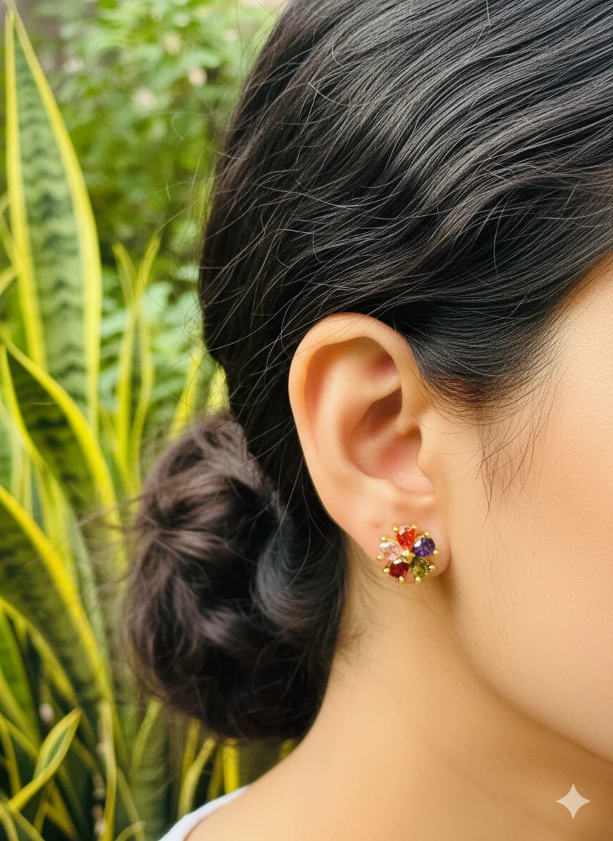 Gold plated beautiful FLOWER stud earring with multi stones for women & girl
