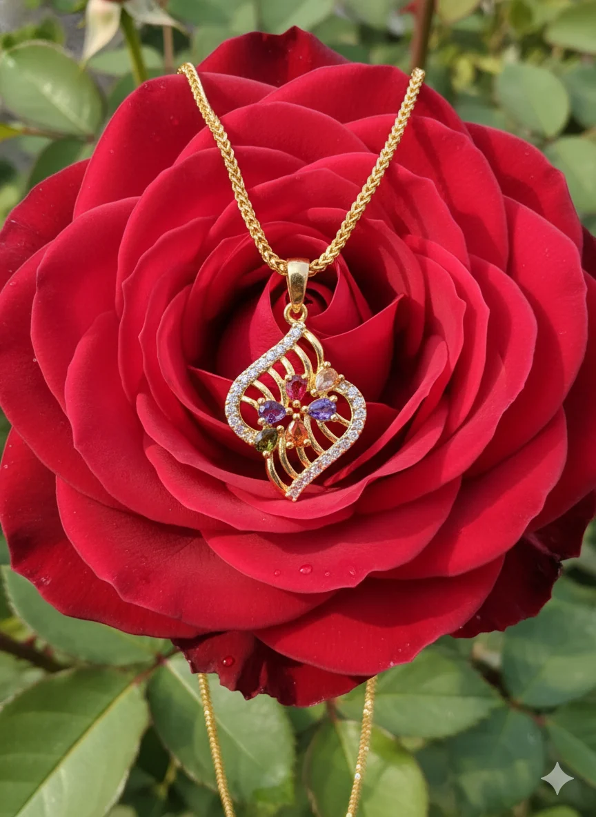 Gold plated 18/24 Inch's 2 mm Fox chain with HEART Shaped multi stone new stylish Pendant for women & girl