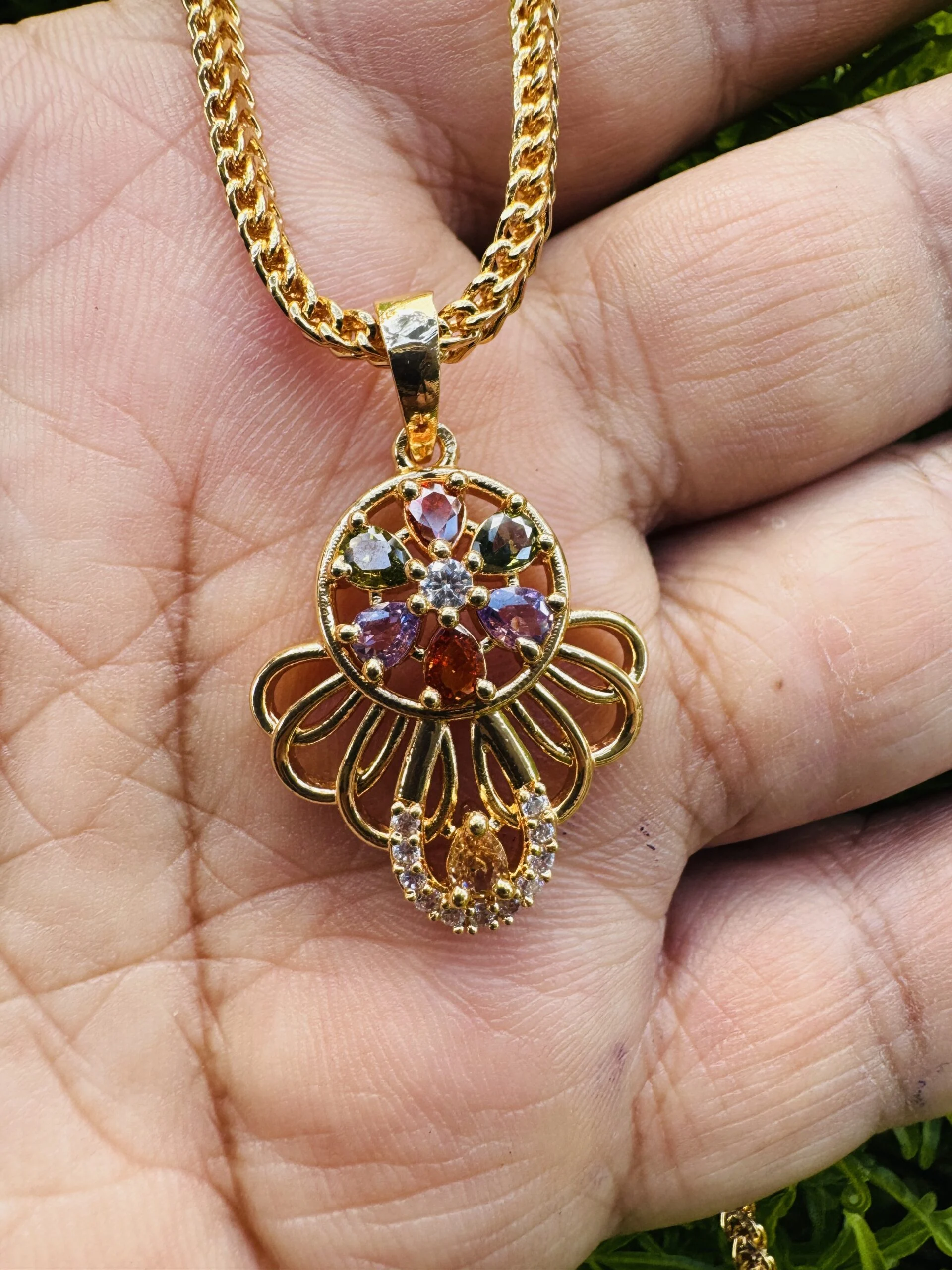Gold plated new stylish crown fashion Pendant with multi colour stones for women & girl