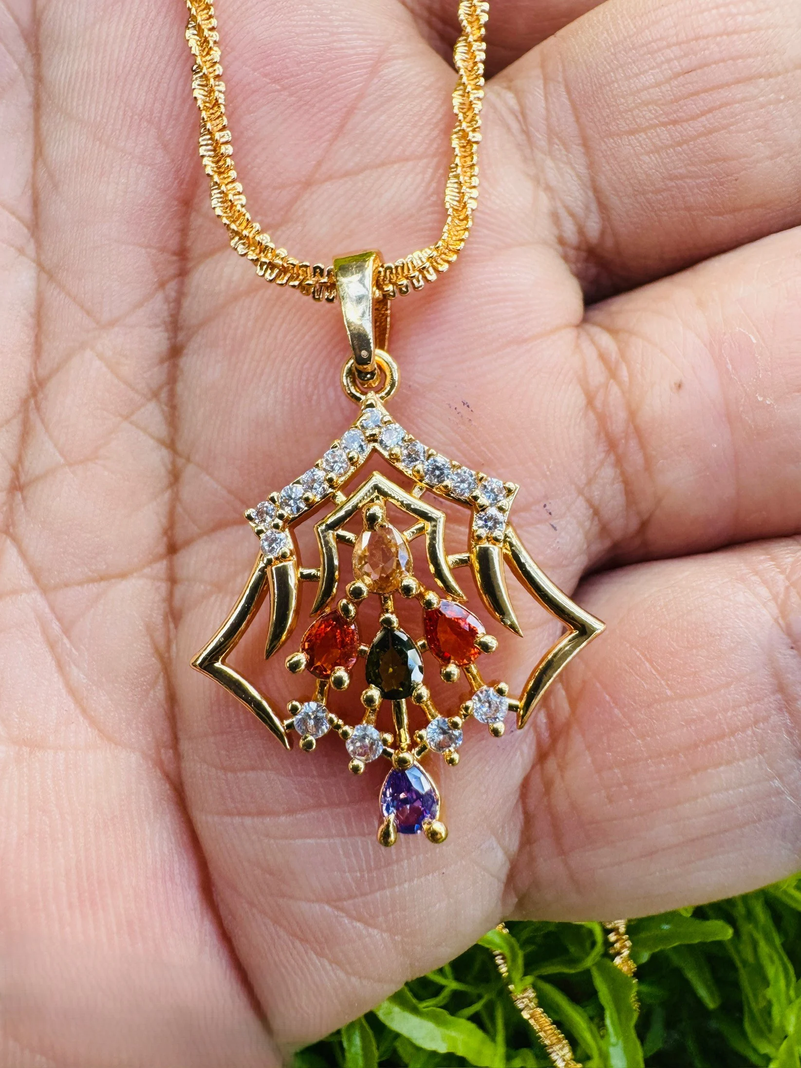 Gold plated new stylish crown fashion Pendant with multi colour stones for women & girl
